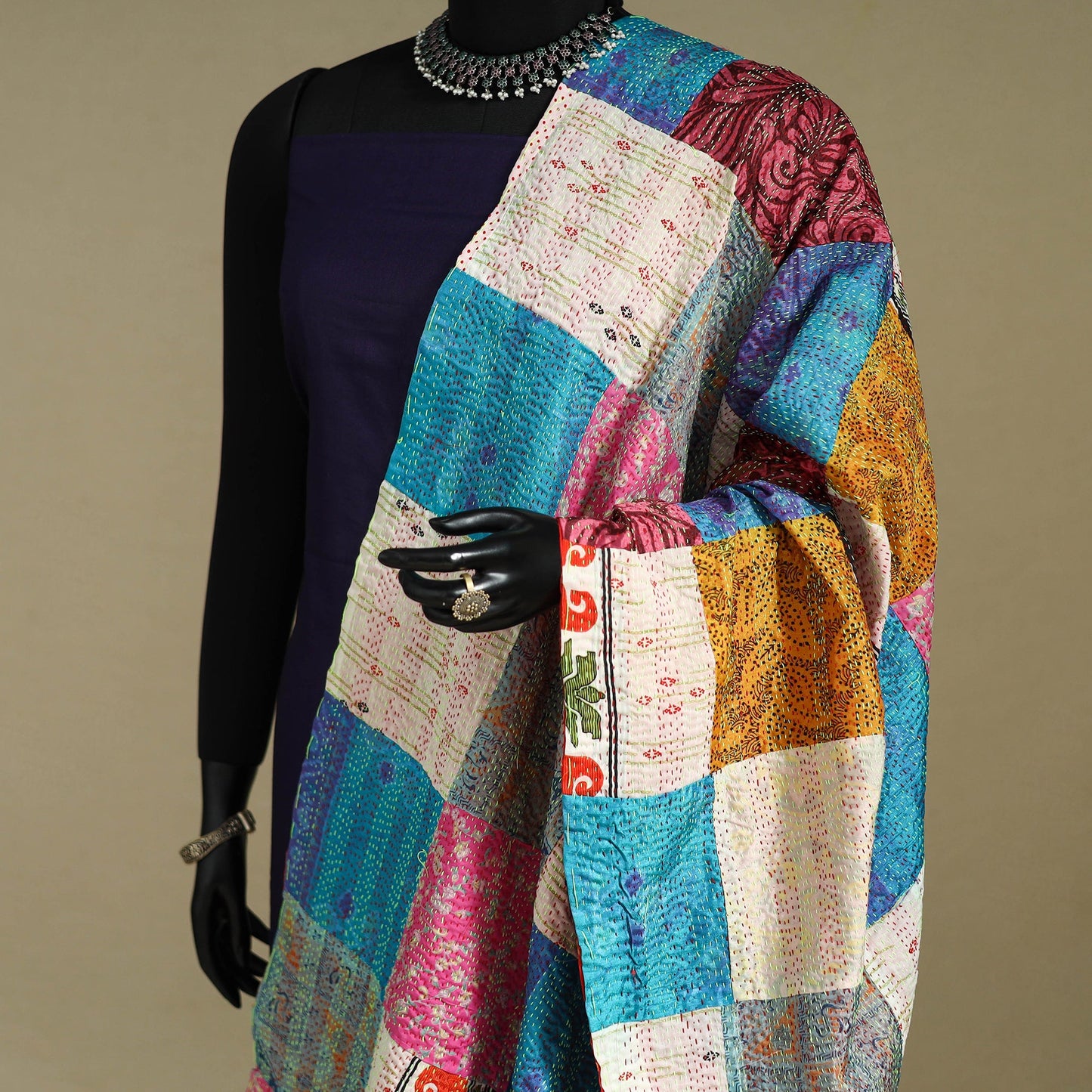 Multicolor - patchwork reversible silk bengal kantha work