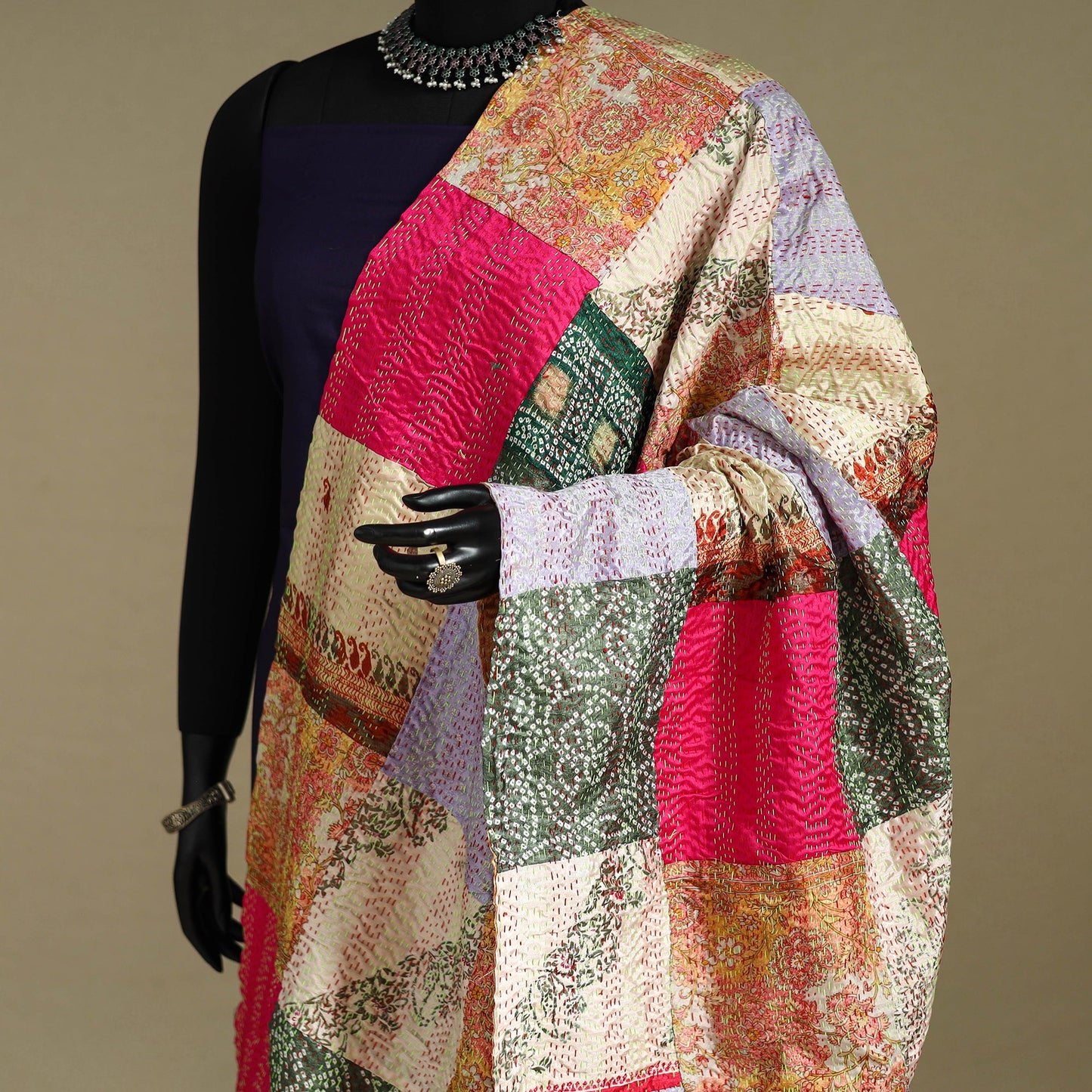 Multicolor - patchwork reversible silk bengal kantha work