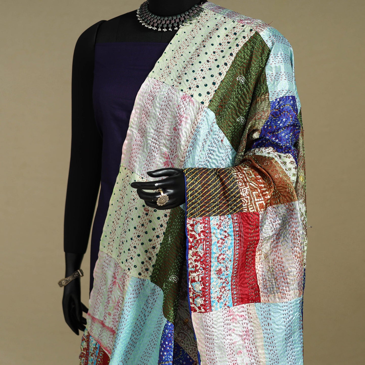 Multicolor - patchwork reversible silk bengal kantha work