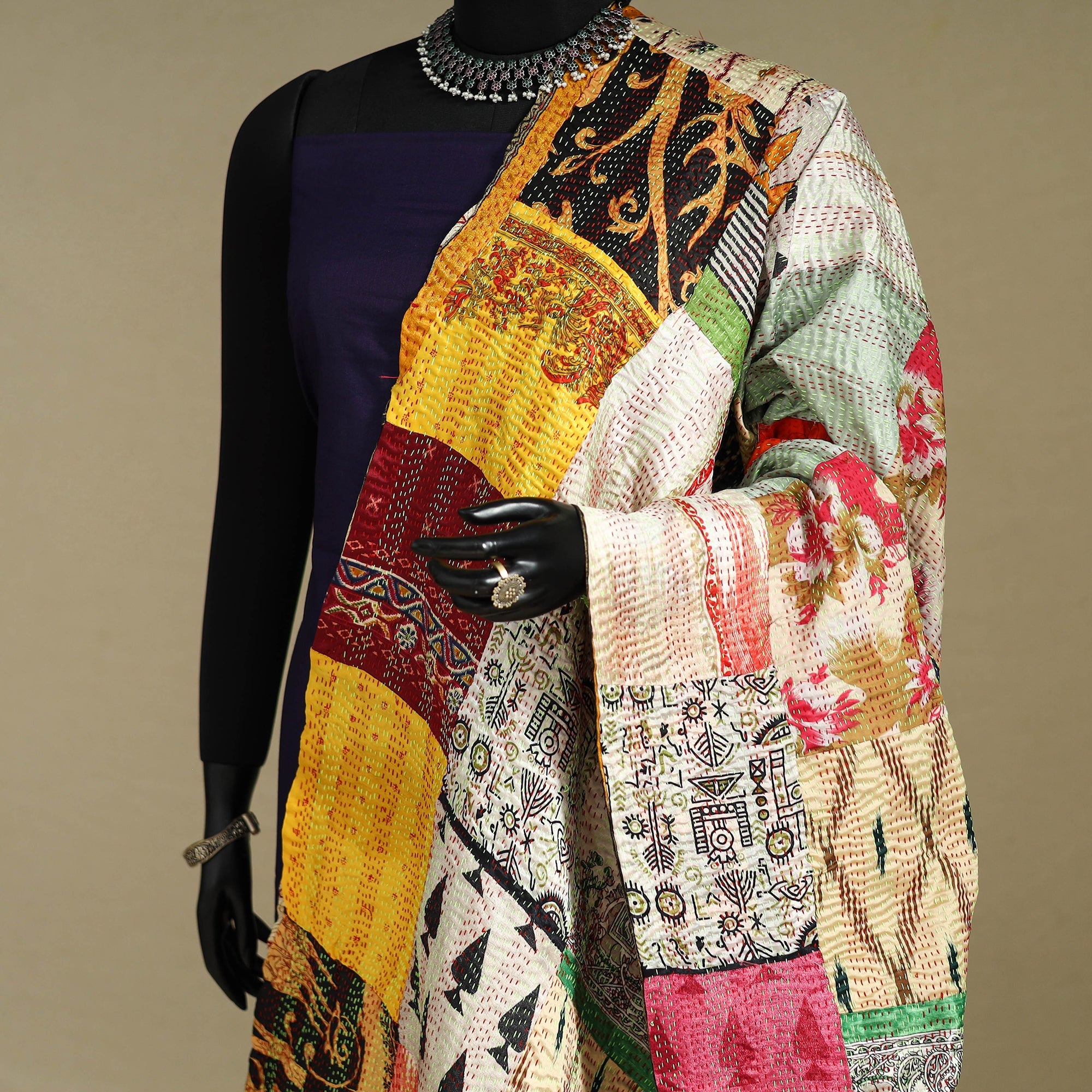 Multicolor - patchwork reversible silk bengal kantha work