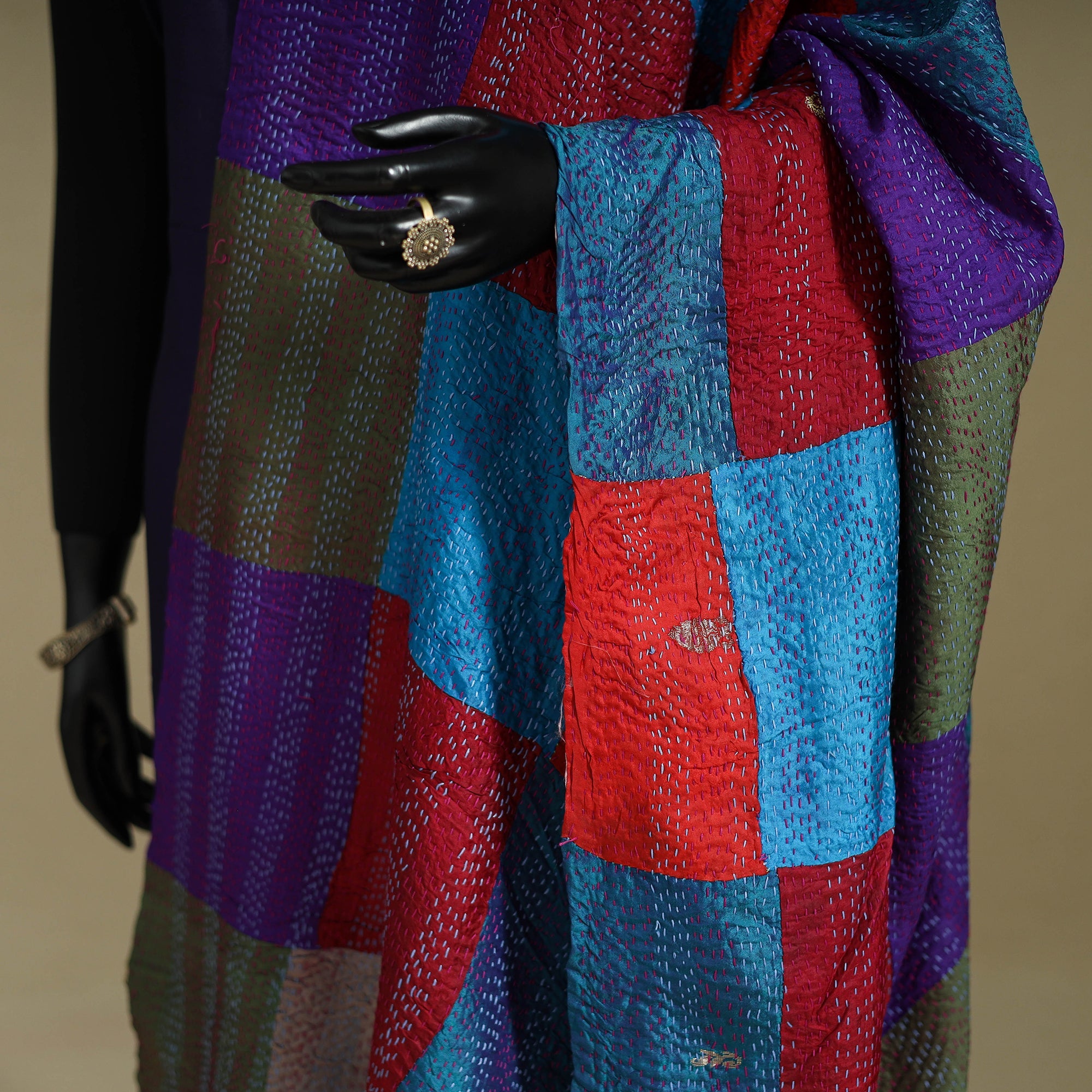 Multicolor - patchwork reversible silk bengal kantha work