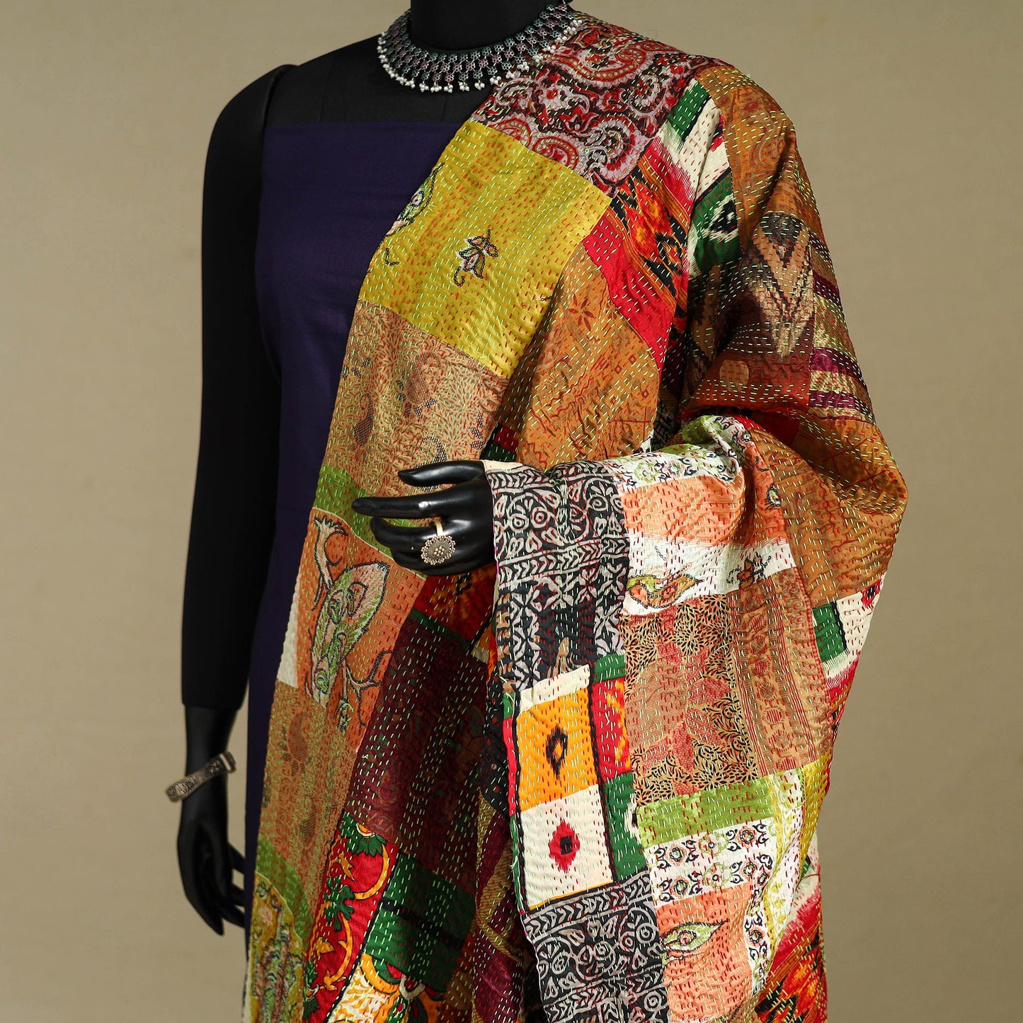 Multicolor - patchwork reversible silk bengal kantha work