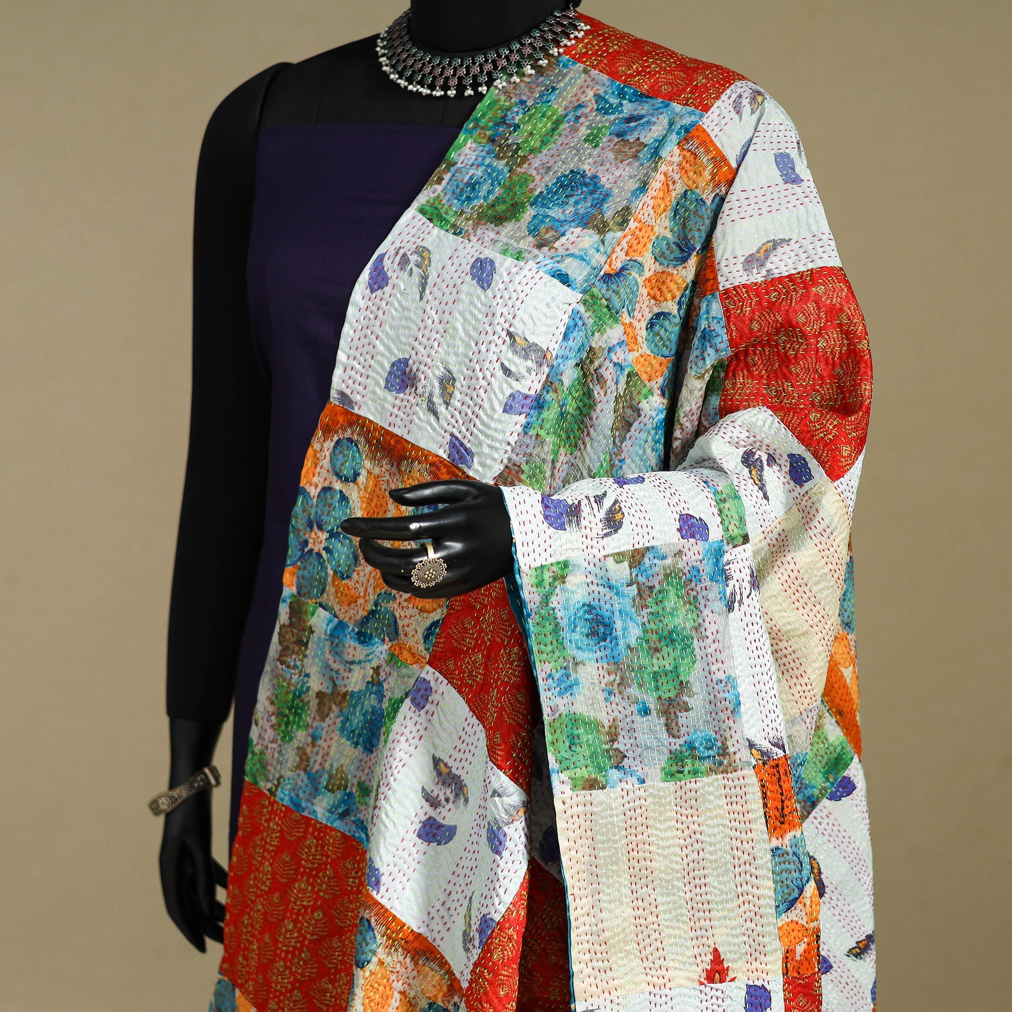 Multicolor - patchwork reversible silk bengal kantha work