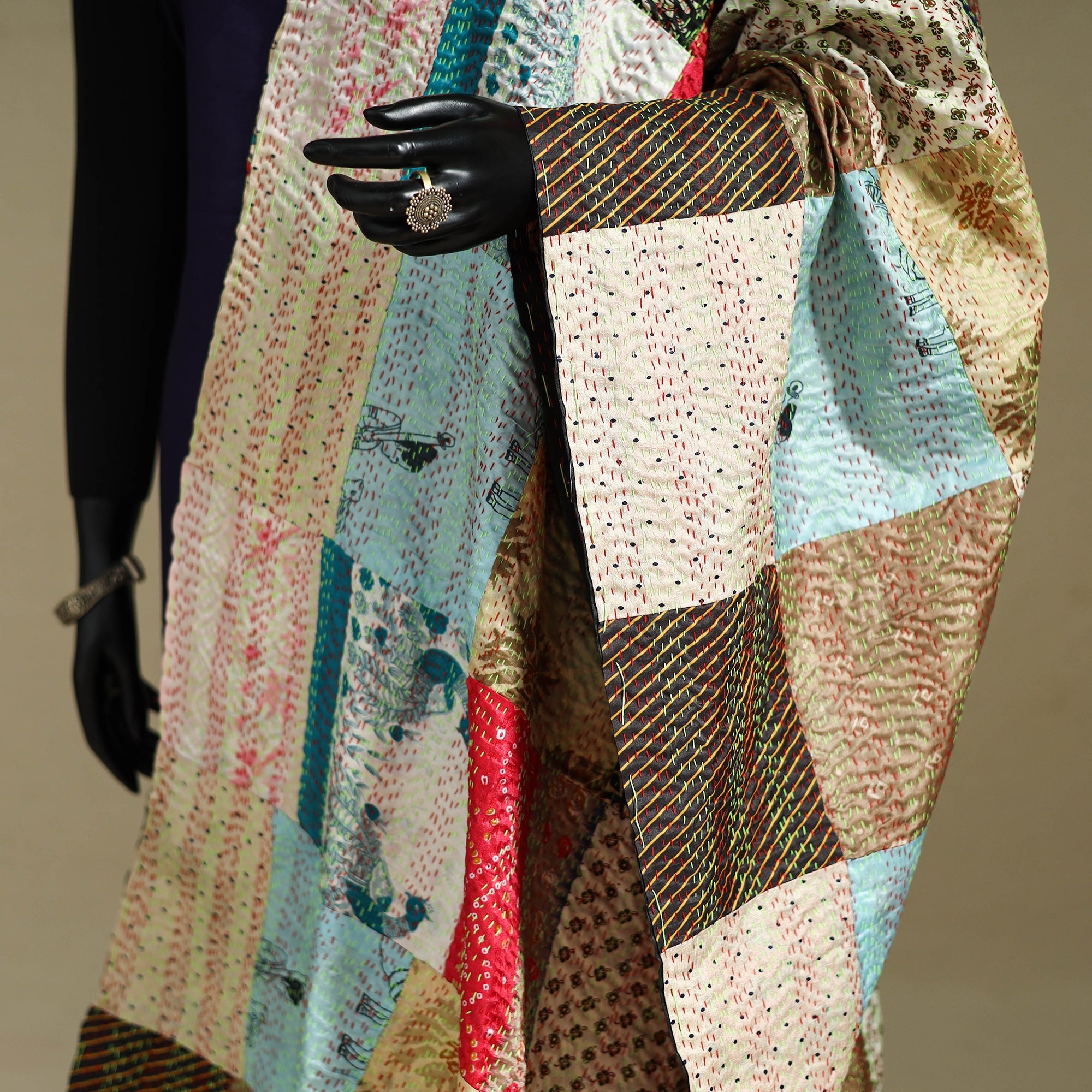 Multicolor - patchwork reversible silk bengal kantha work