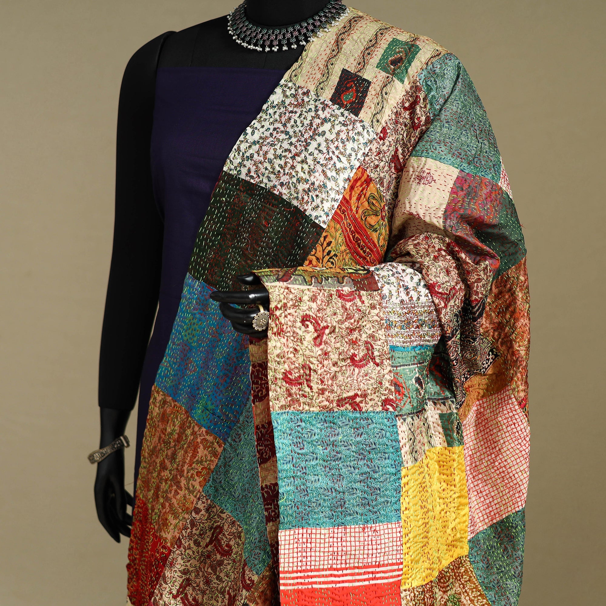 Multicolor - patchwork reversible silk bengal kantha work