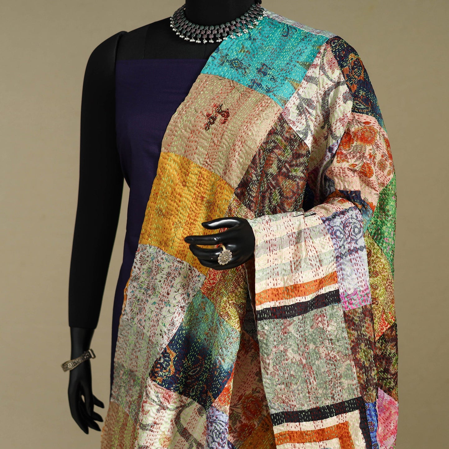 Multicolor - patchwork reversible silk bengal kantha work