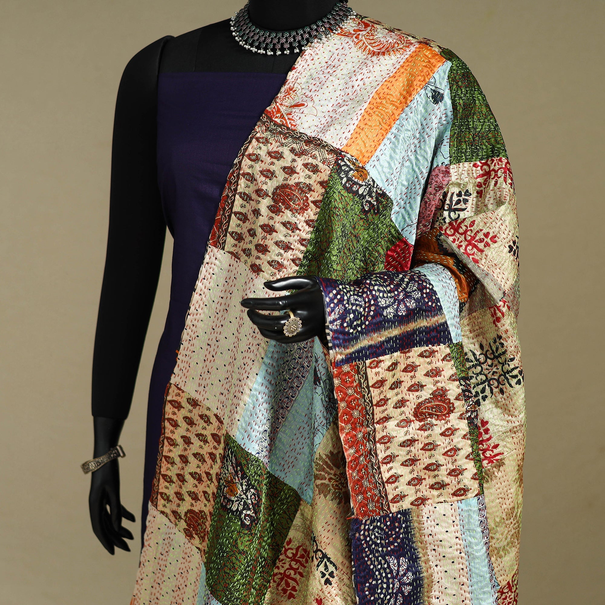 Multicolor - patchwork reversible silk bengal kantha work
