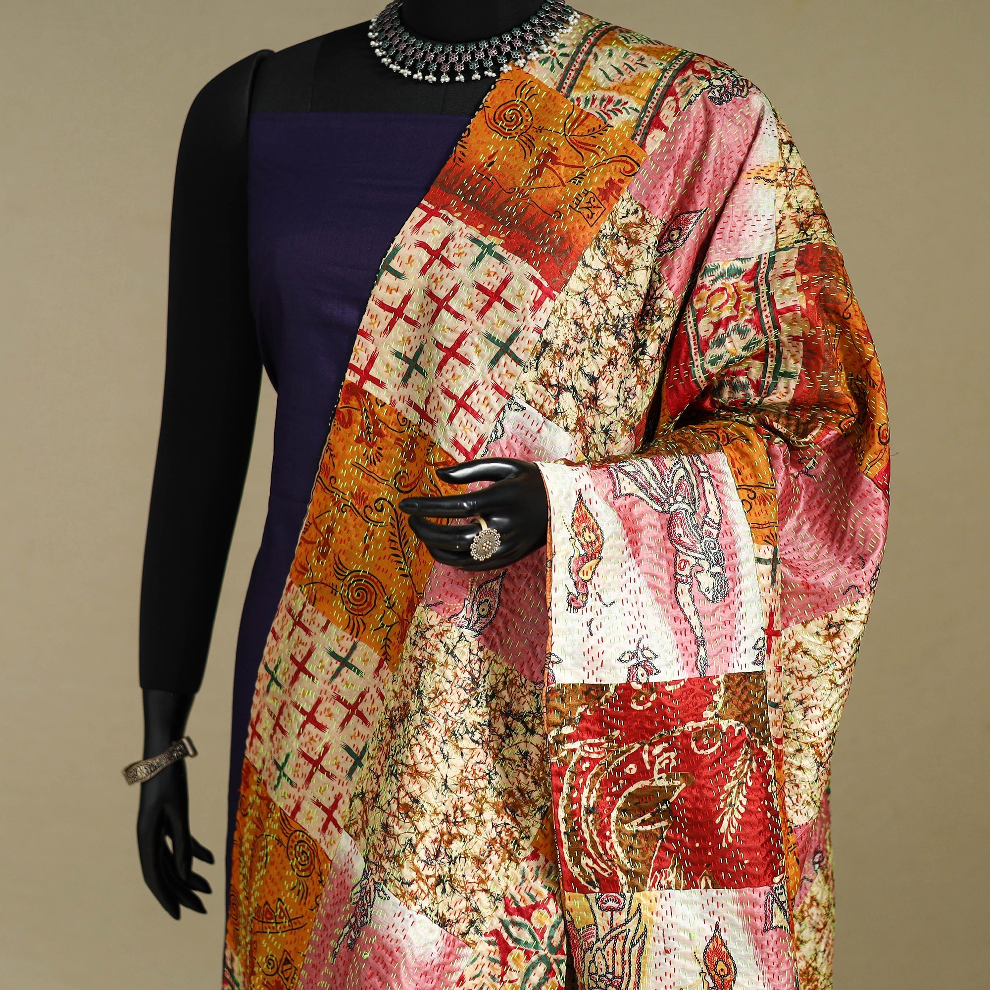 Multicolor - patchwork reversible silk bengal kantha work