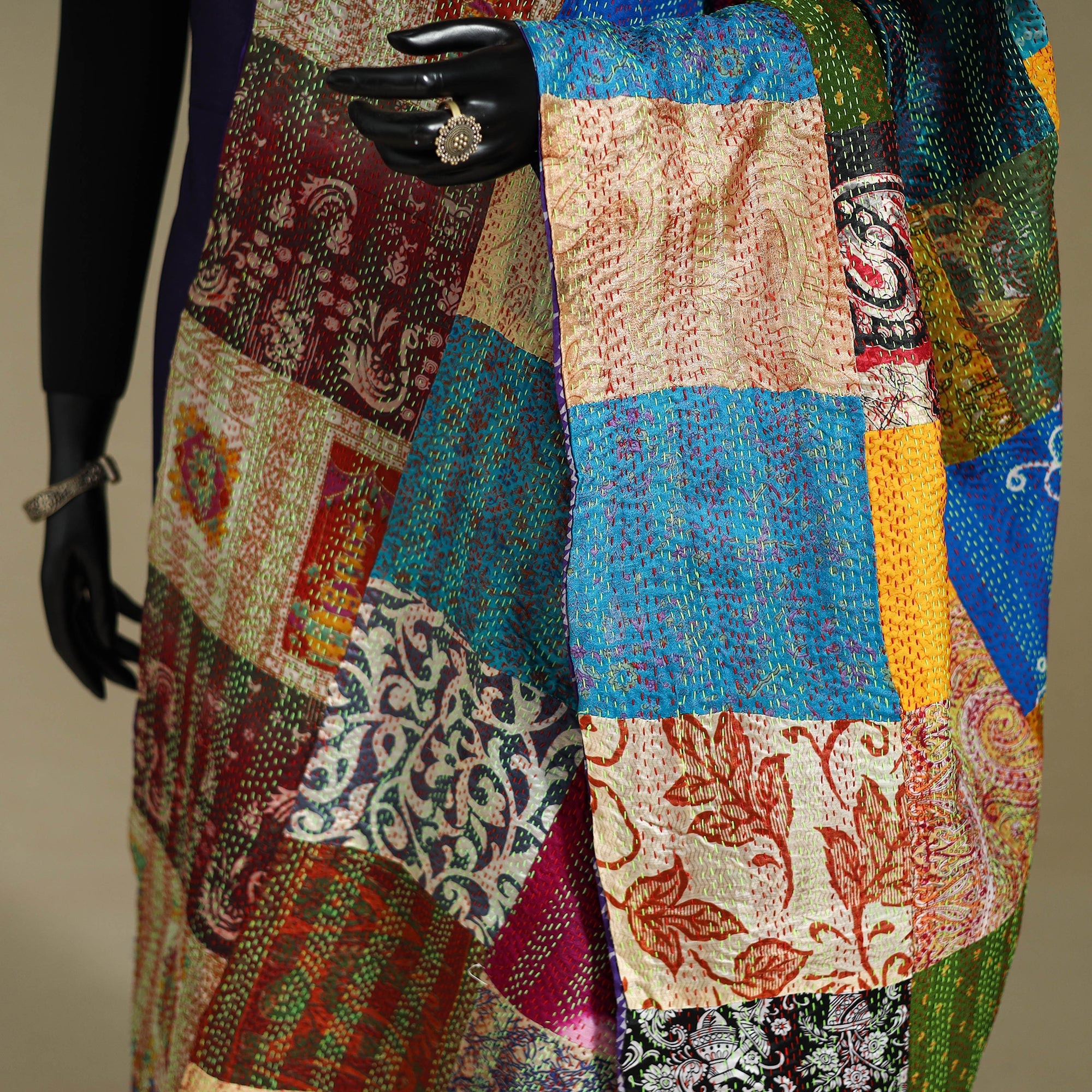 Multicolor - patchwork reversible silk bengal kantha work
