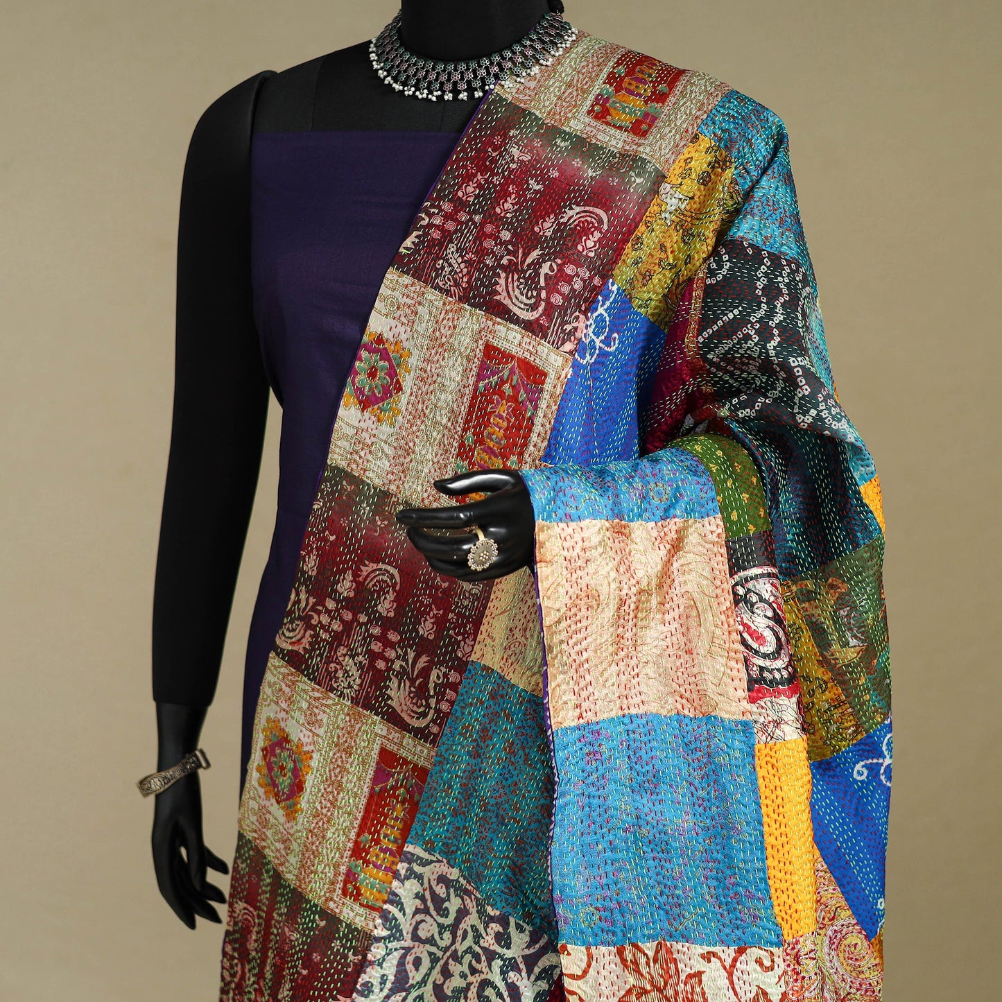 Multicolor - patchwork reversible silk bengal kantha work