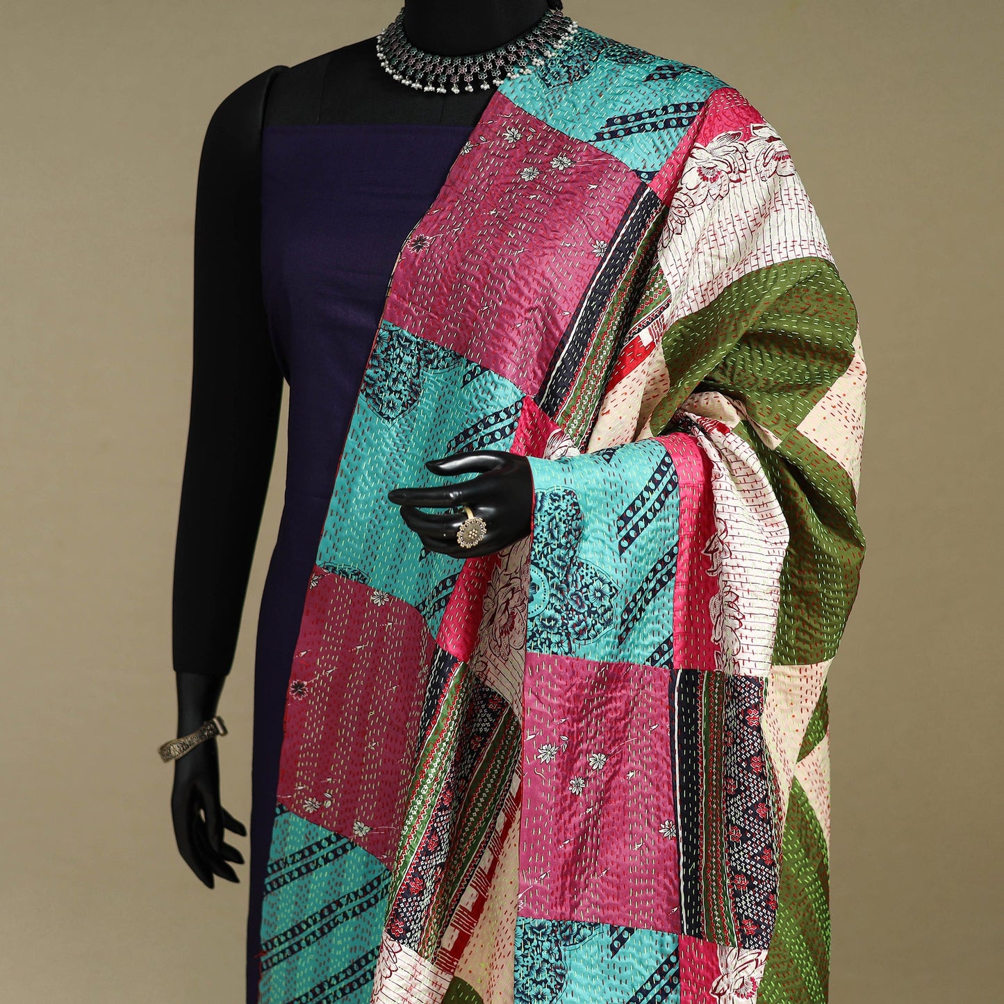 Multicolor - patchwork reversible silk bengal kantha work