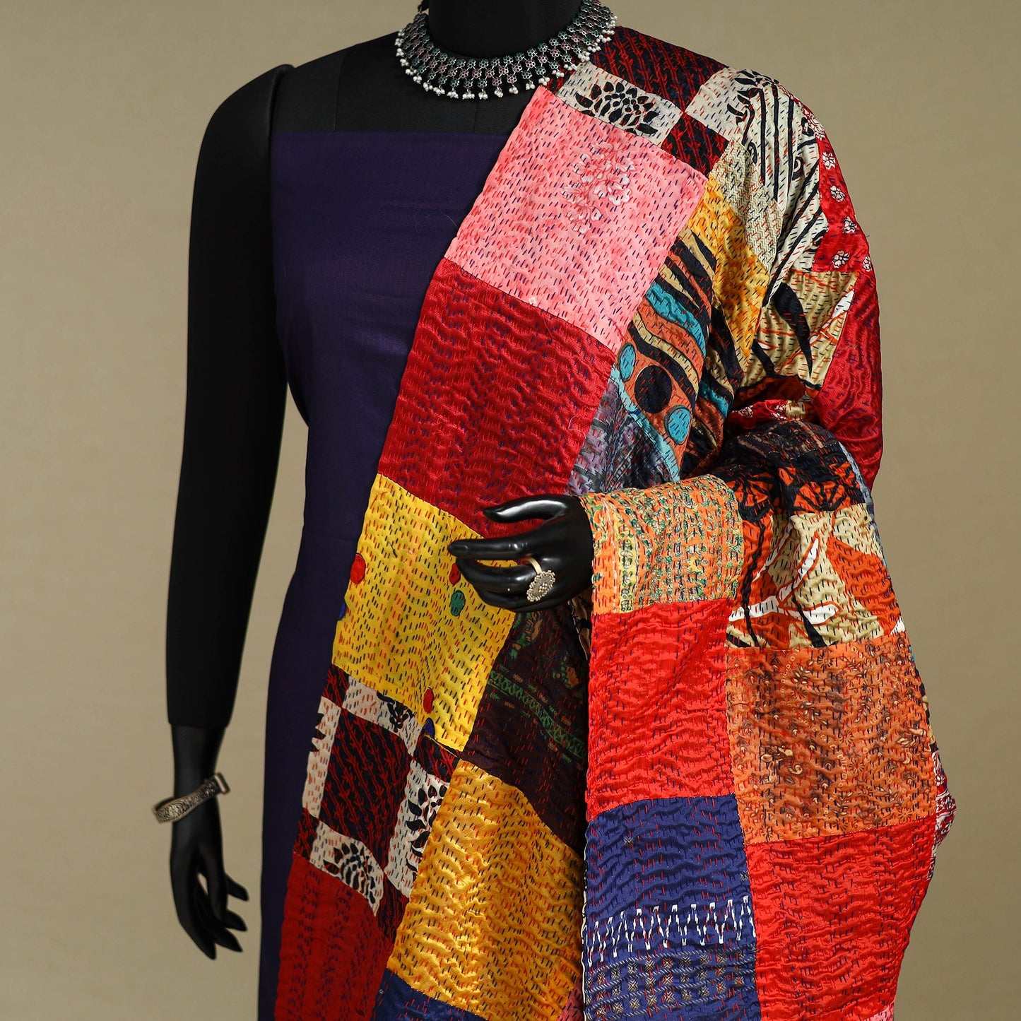 Multicolor - patchwork reversible silk bengal kantha work