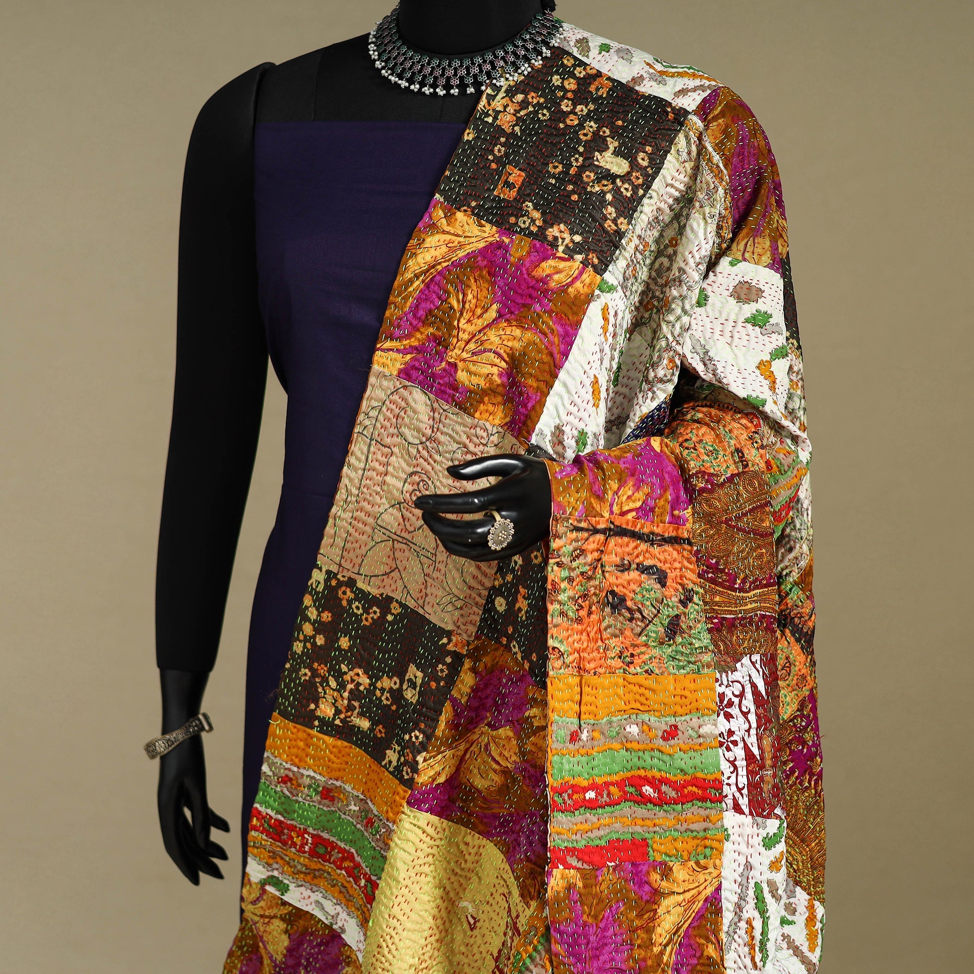 Multicolor - patchwork reversible silk bengal kantha work