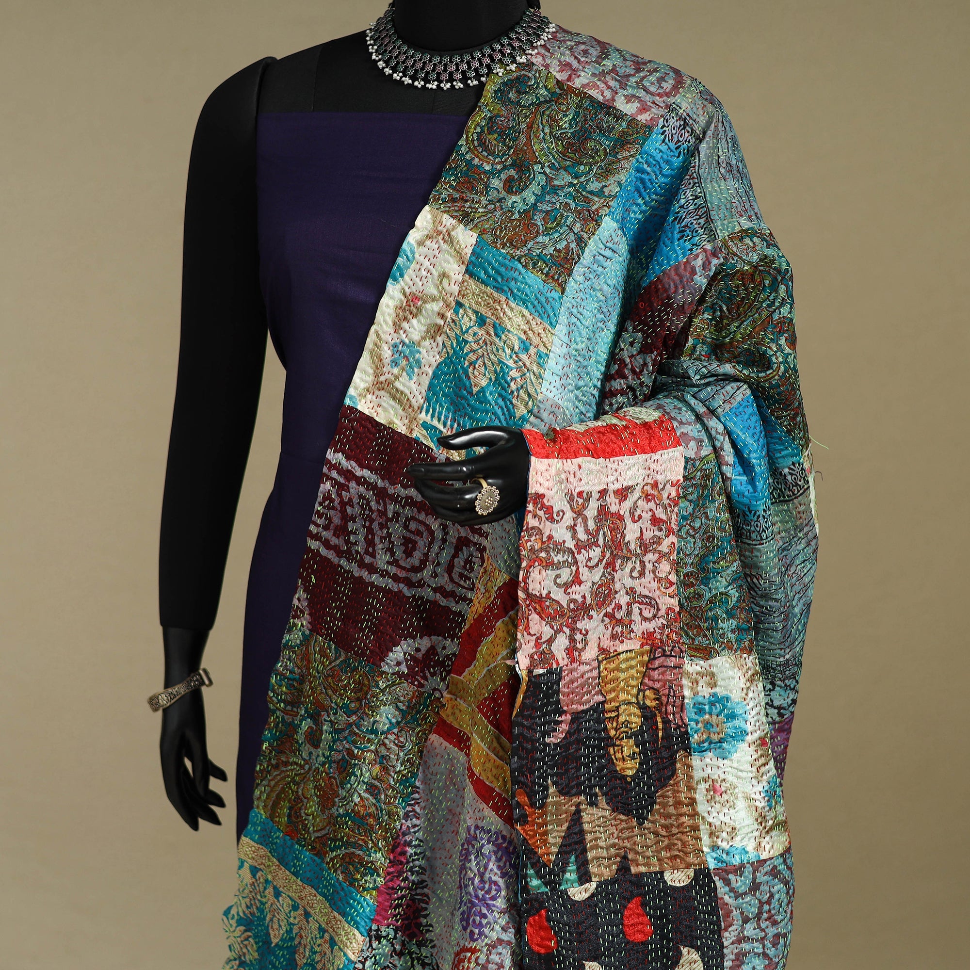 Multicolor - patchwork reversible silk bengal kantha work