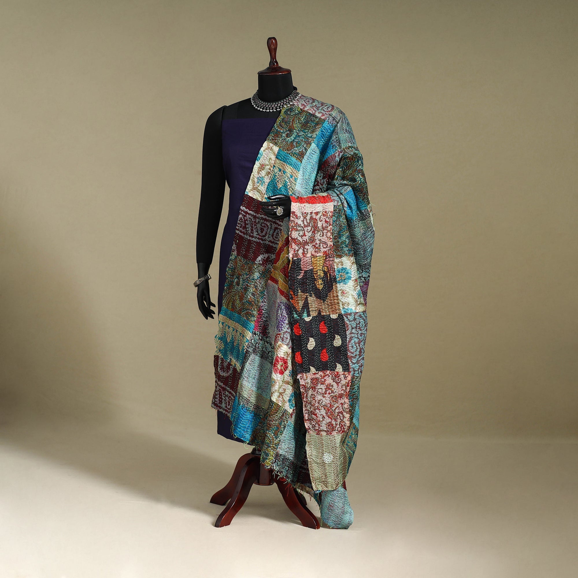 Multicolor - patchwork reversible silk bengal kantha work