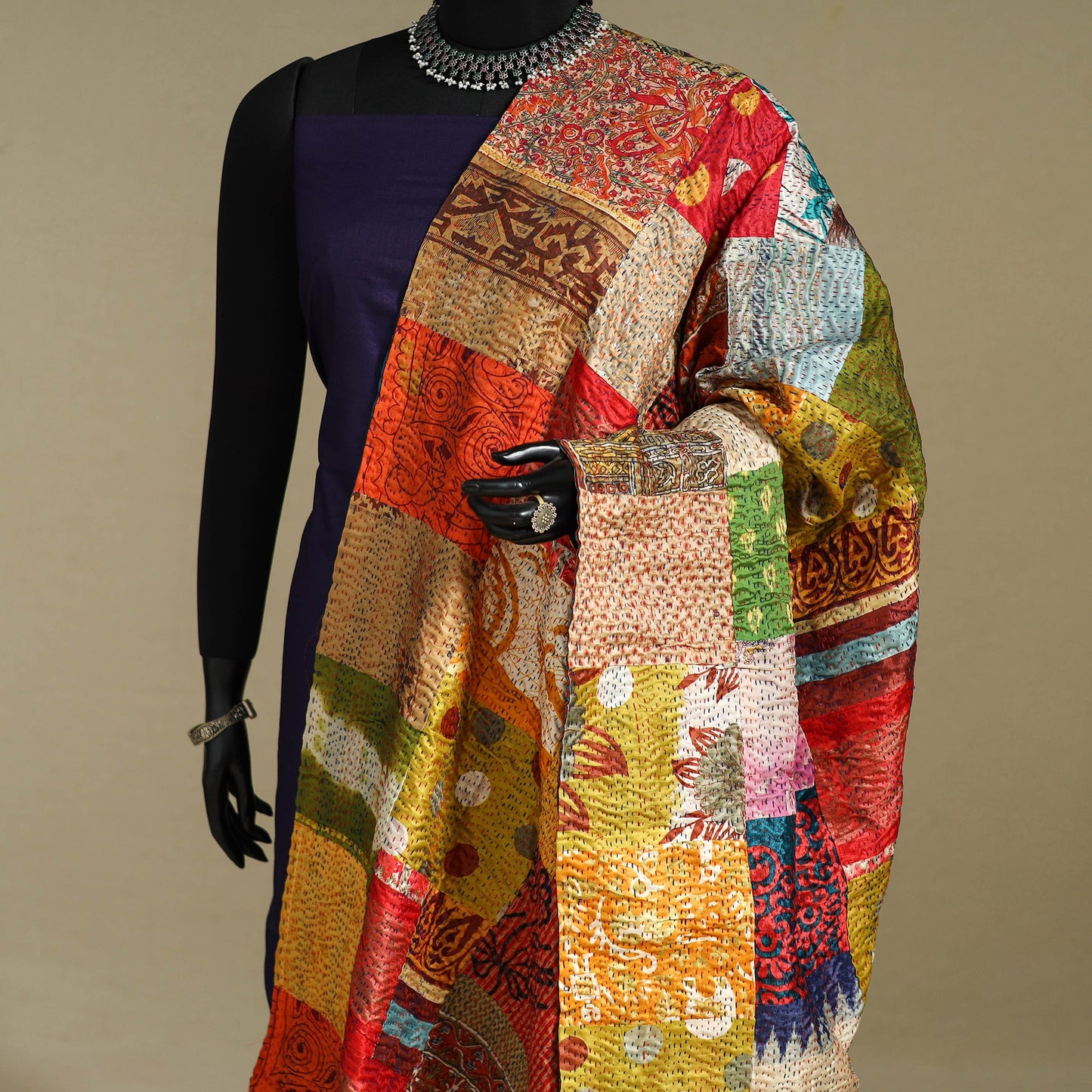 Multicolor - patchwork reversible silk bengal kantha work