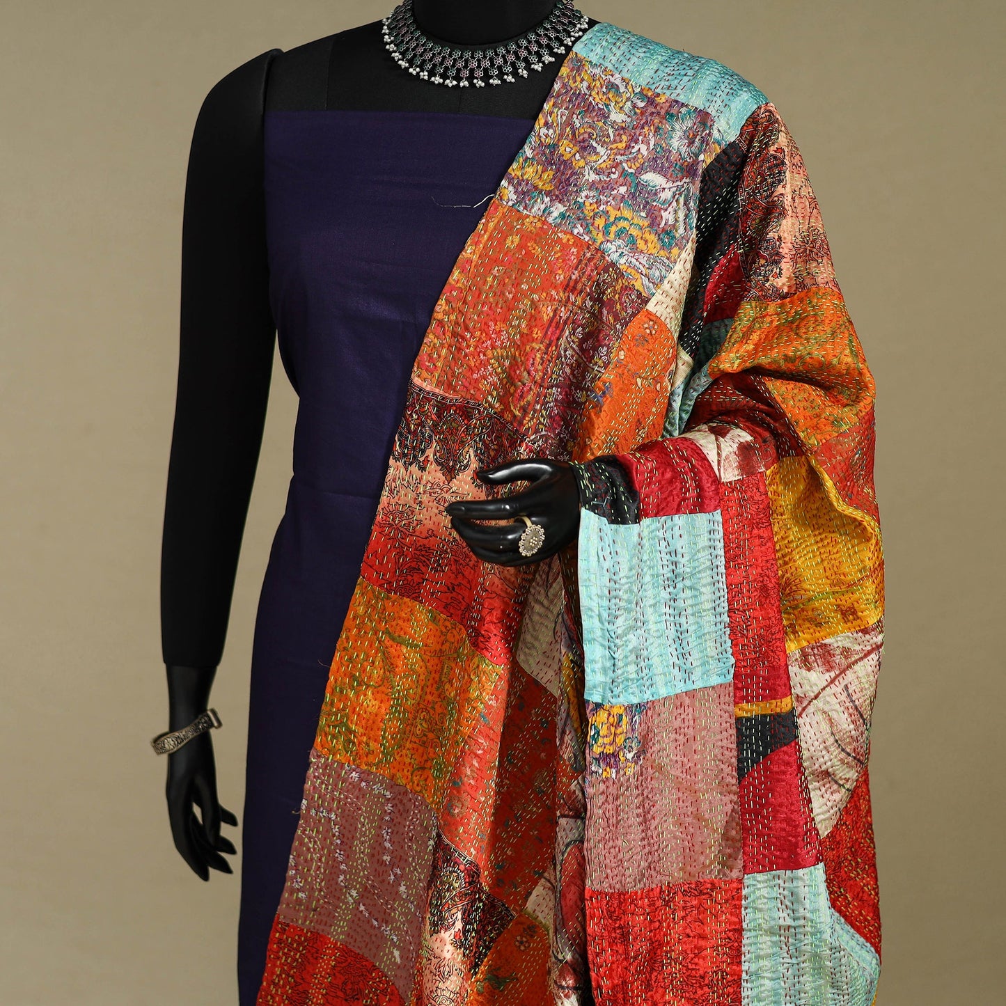 Multicolor - patchwork reversible silk bengal kantha work