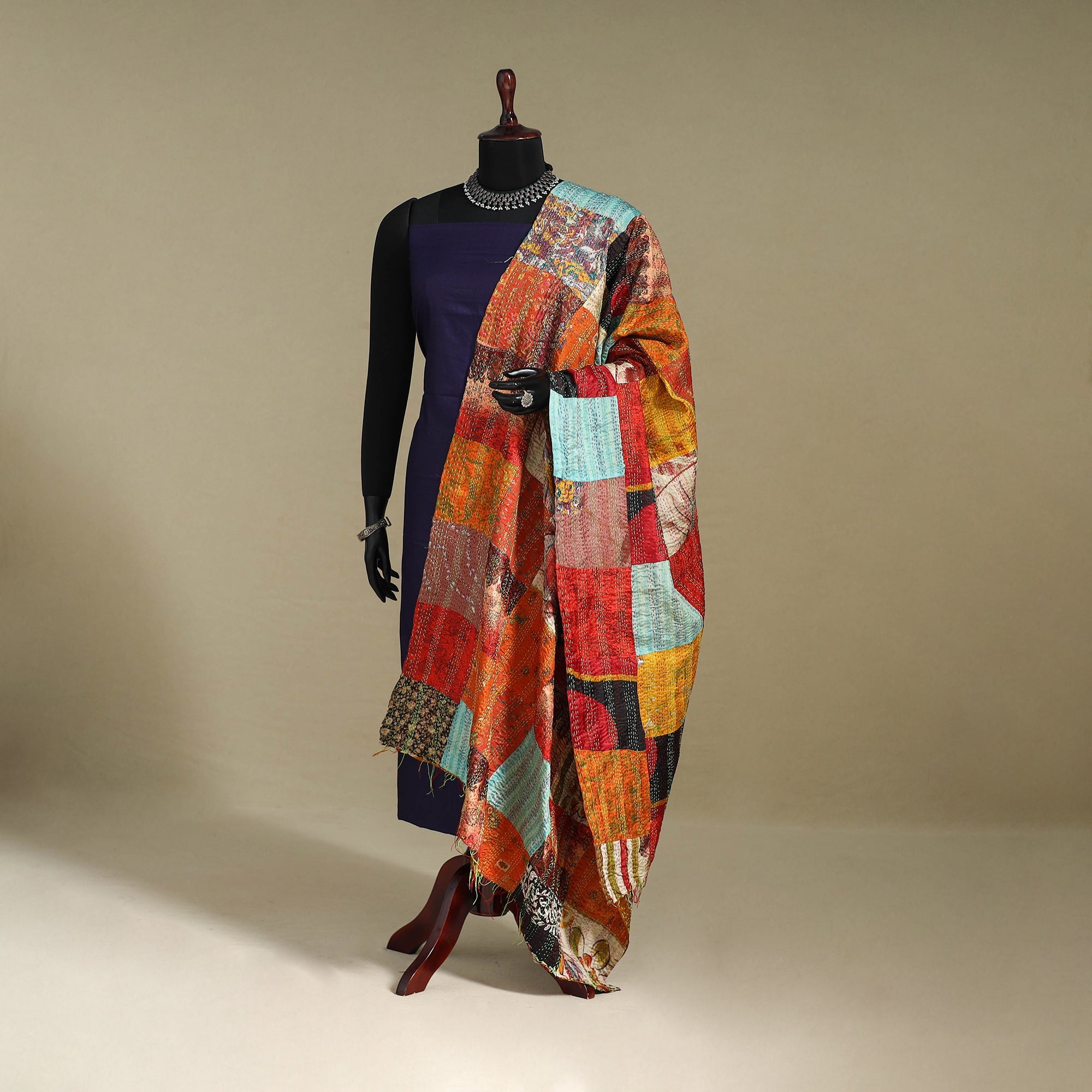 Multicolor - patchwork reversible silk bengal kantha work
