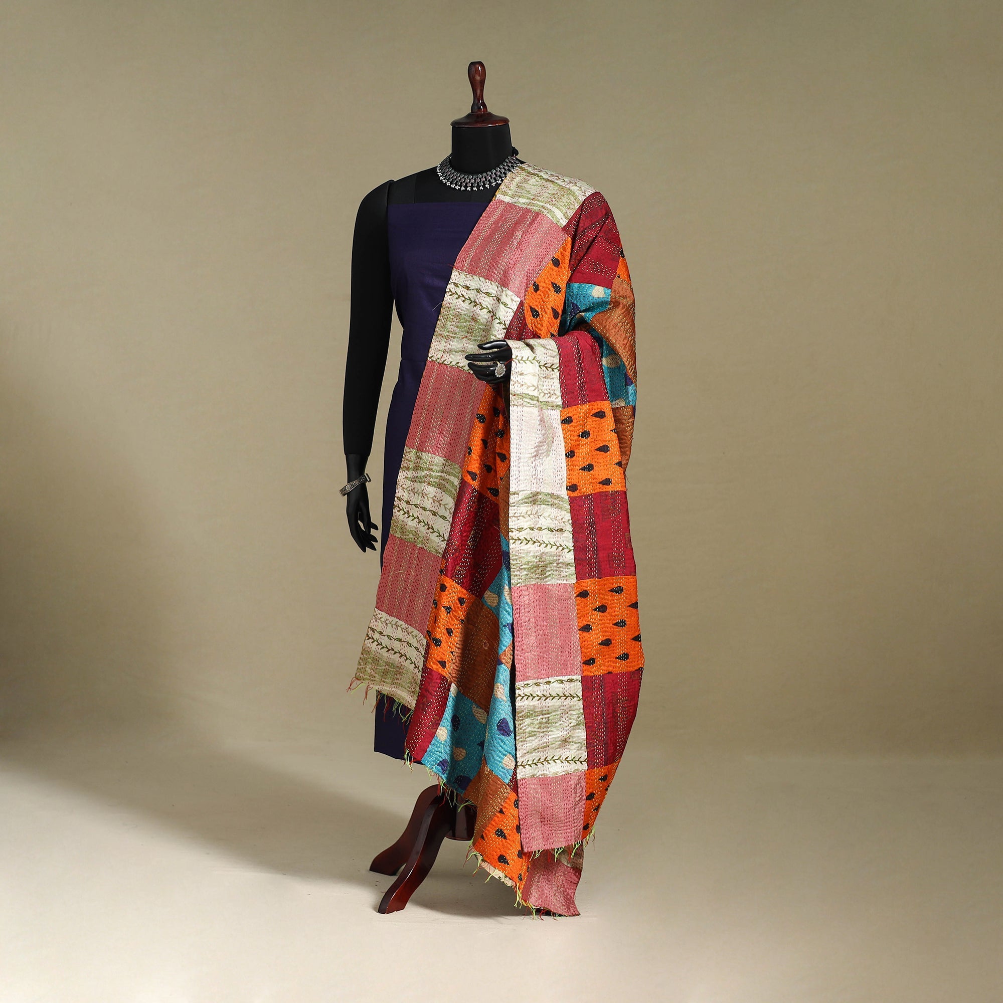 Multicolor - patchwork reversible silk bengal kantha work