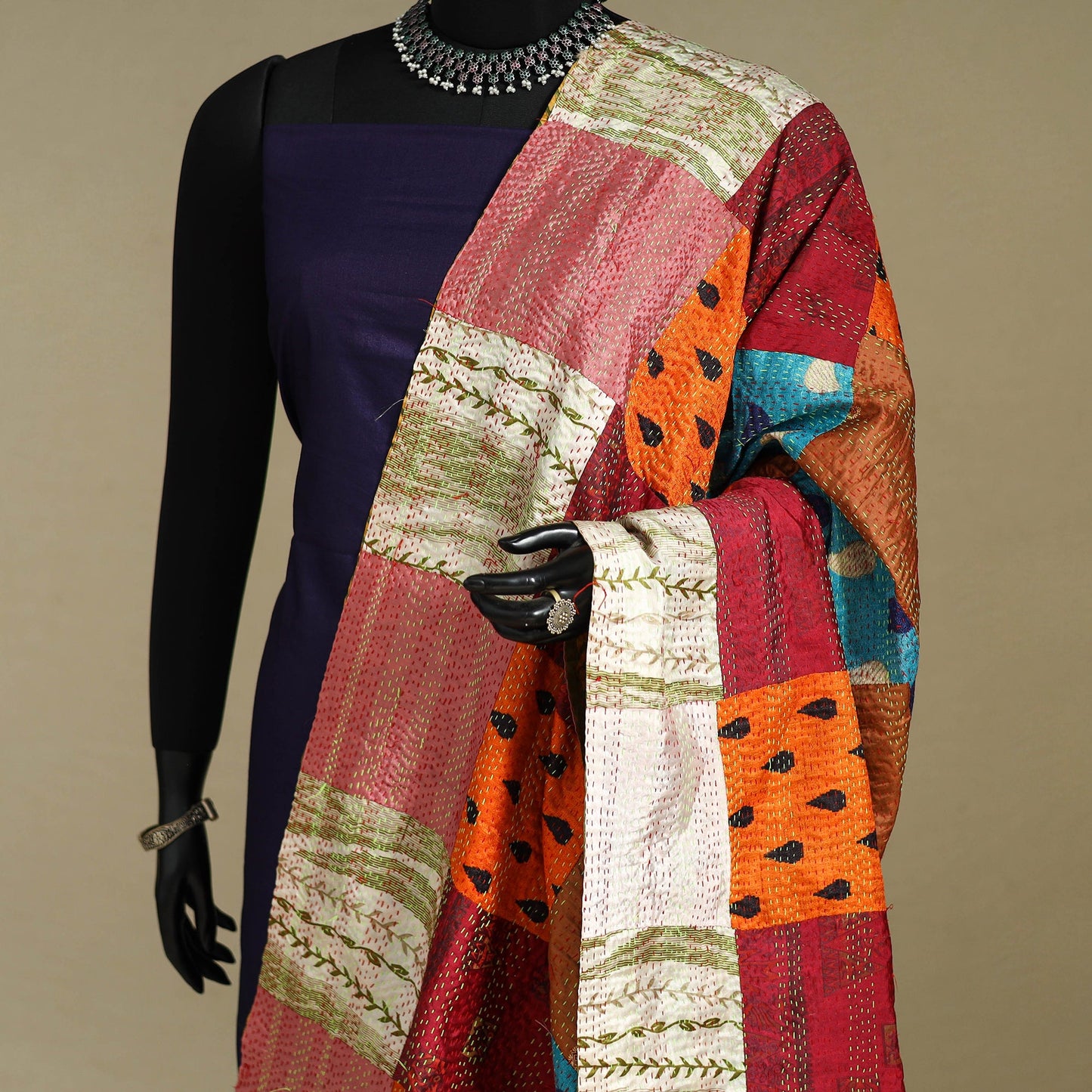 Multicolor - patchwork reversible silk bengal kantha work