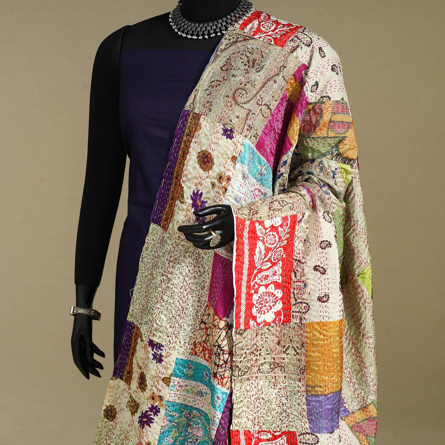 Multicolor - patchwork reversible silk bengal kantha work