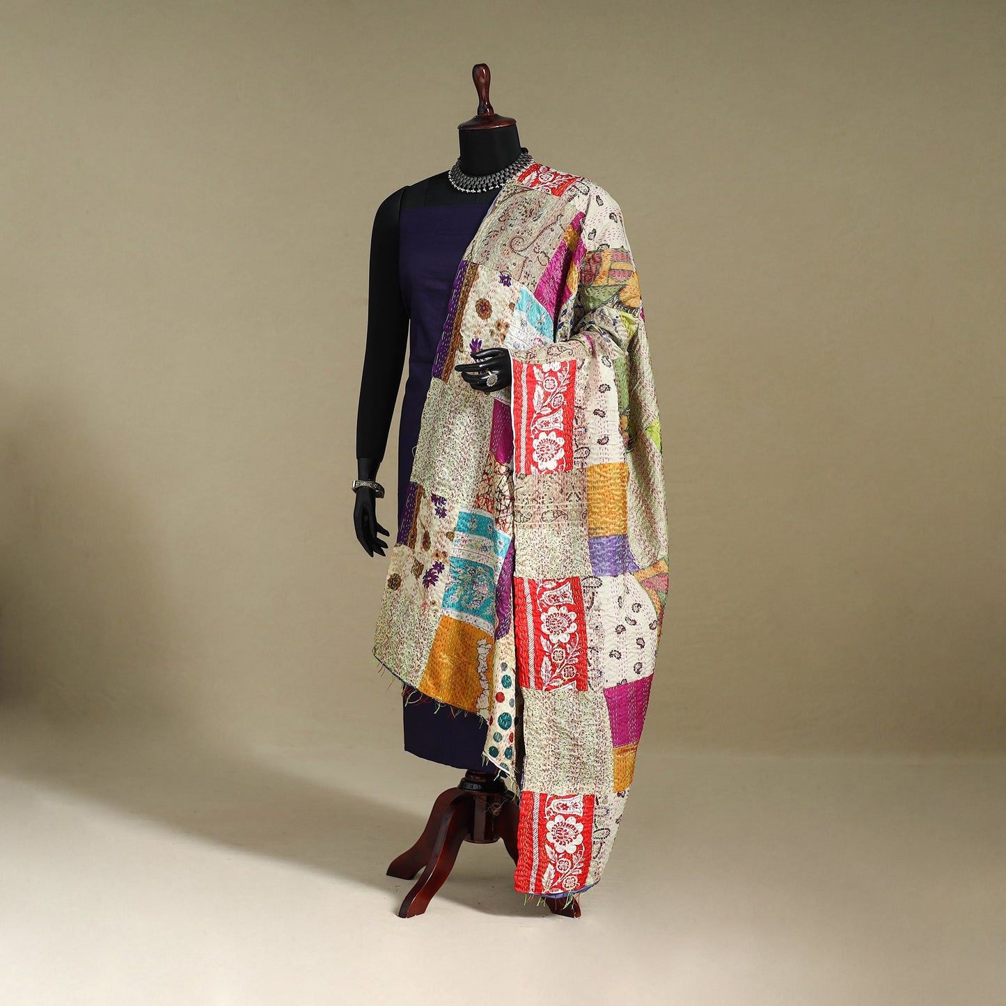 Multicolor - patchwork reversible silk bengal kantha work