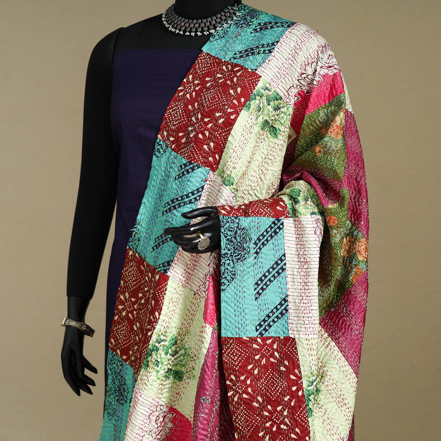 Multicolor - patchwork reversible silk bengal kantha work
