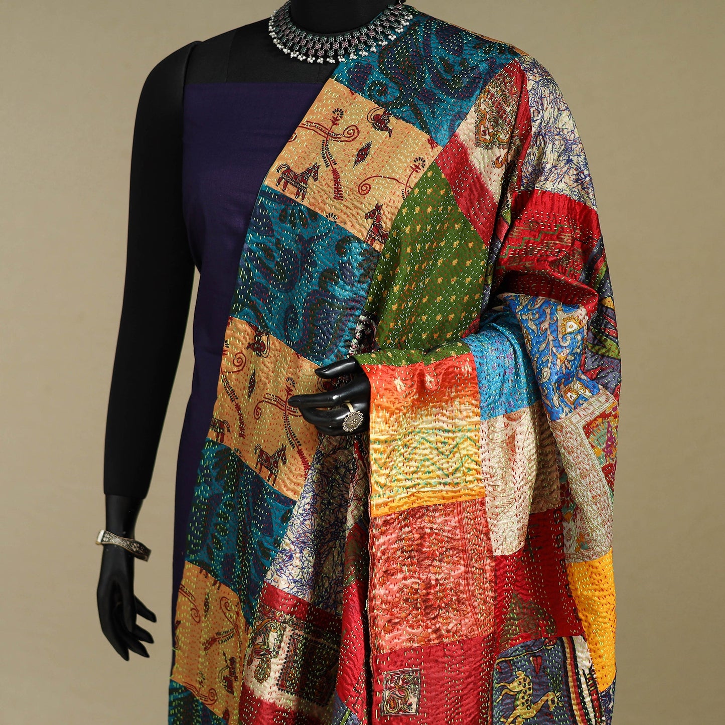 Multicolor - patchwork reversible silk bengal kantha work
