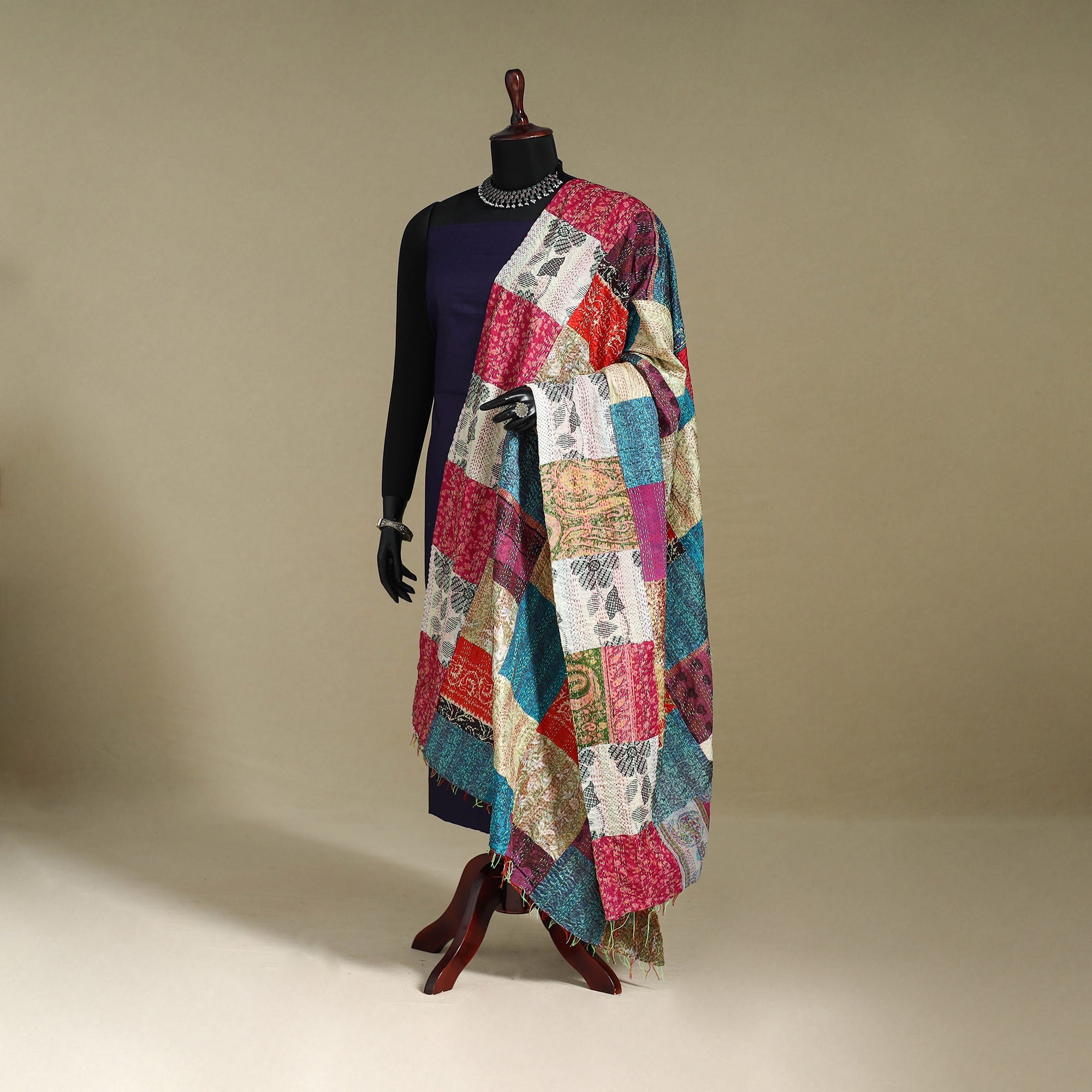Multicolor - patchwork reversible silk bengal kantha work
