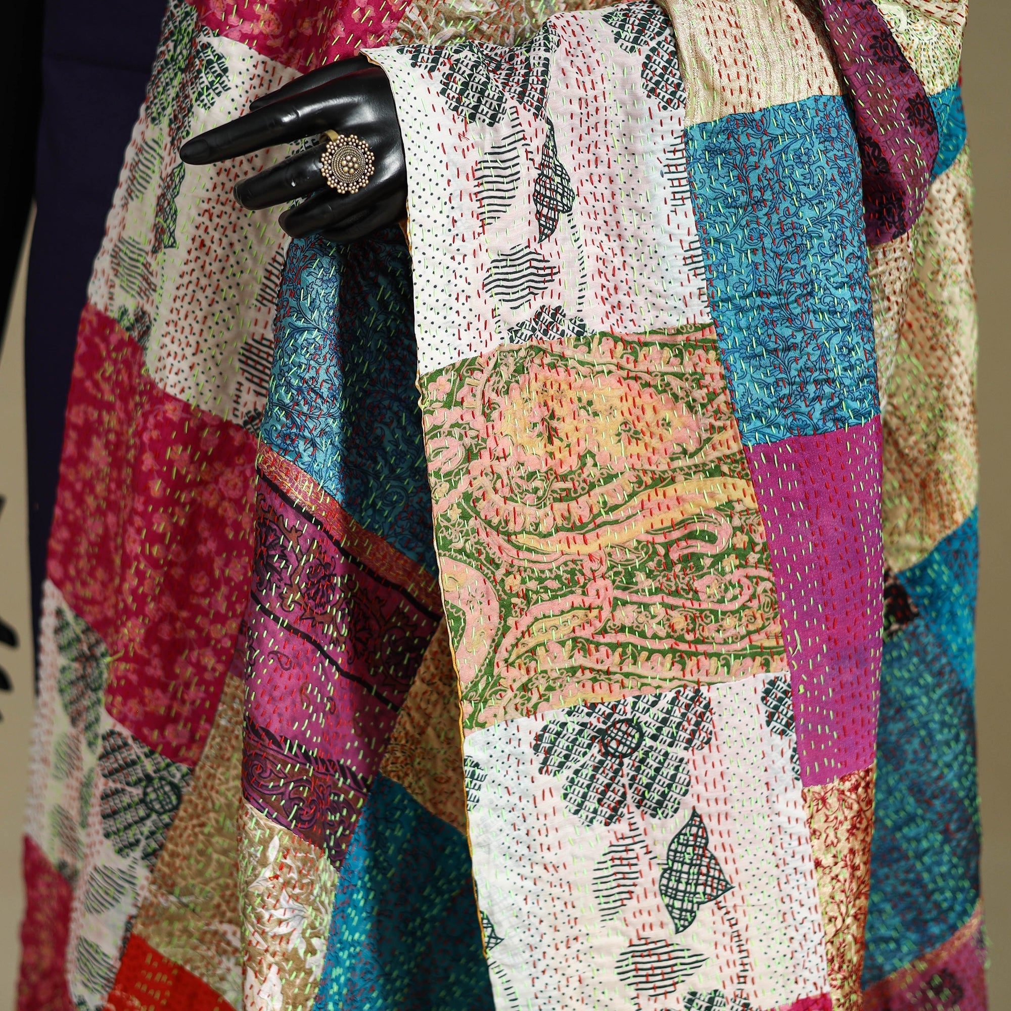 Multicolor - patchwork reversible silk bengal kantha work