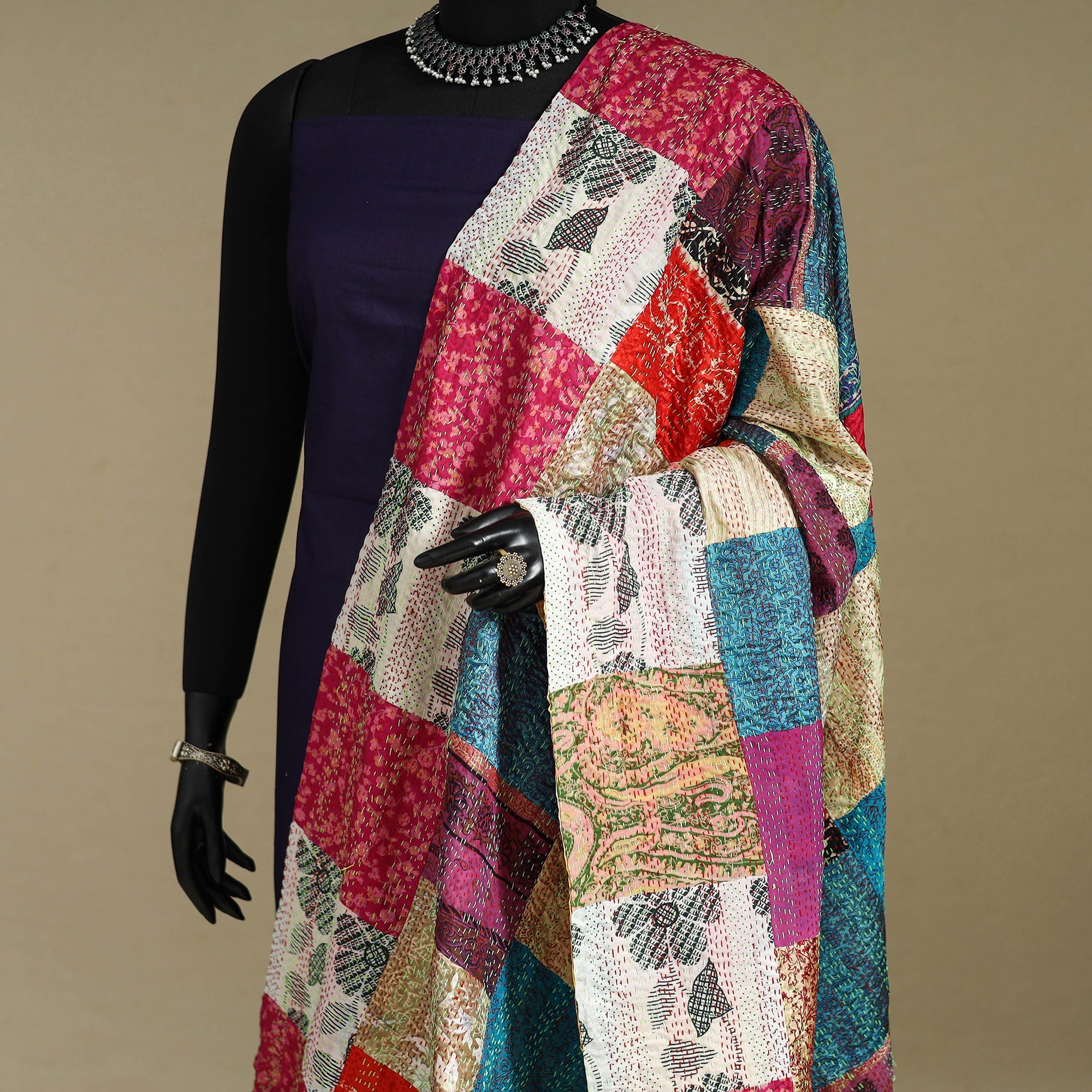 Multicolor - patchwork reversible silk bengal kantha work