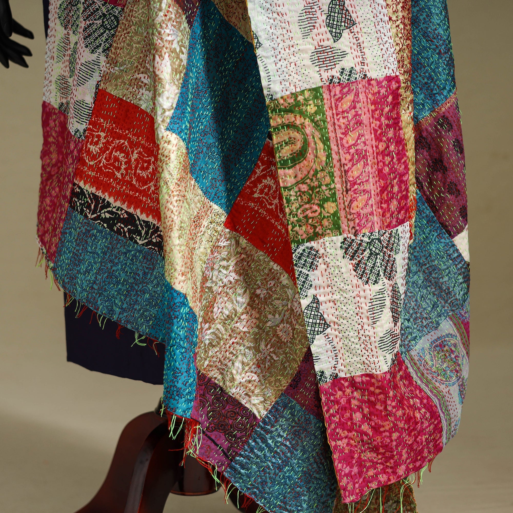 Multicolor - patchwork reversible silk bengal kantha work