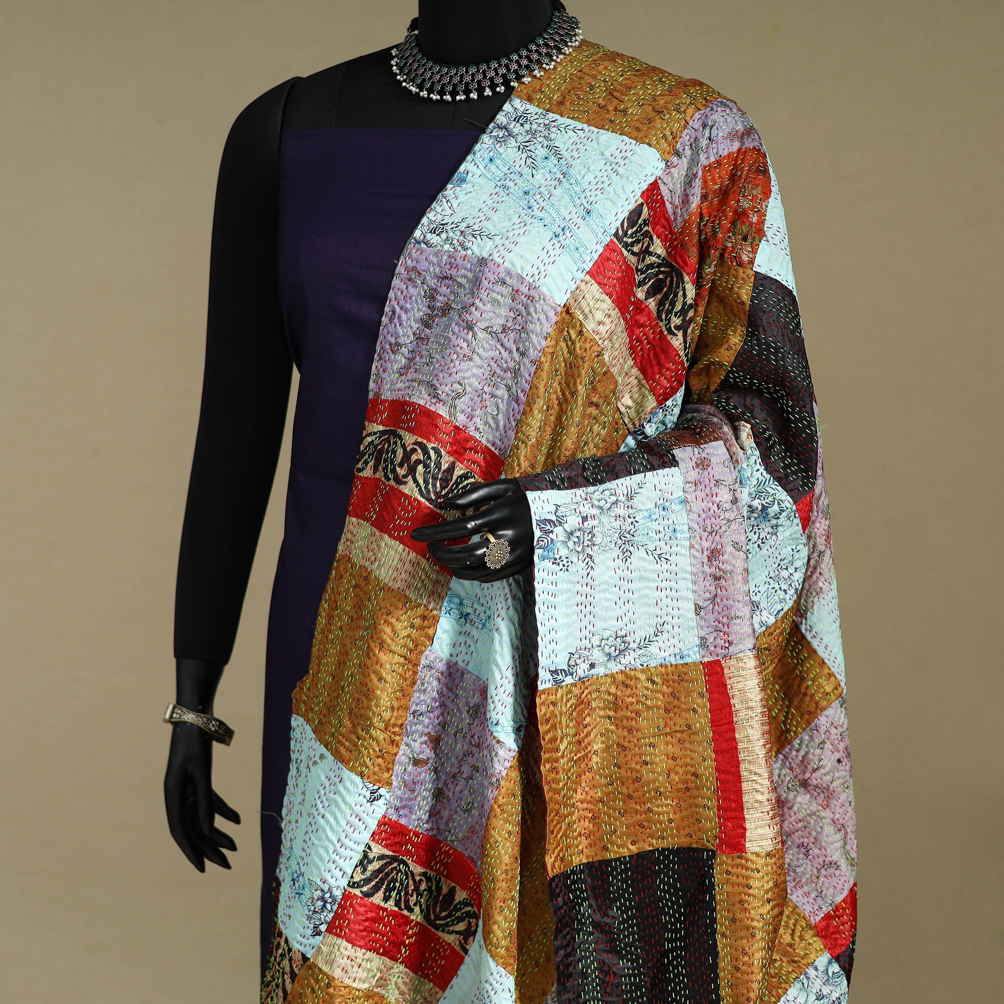 Multicolor - patchwork reversible silk bengal kantha work