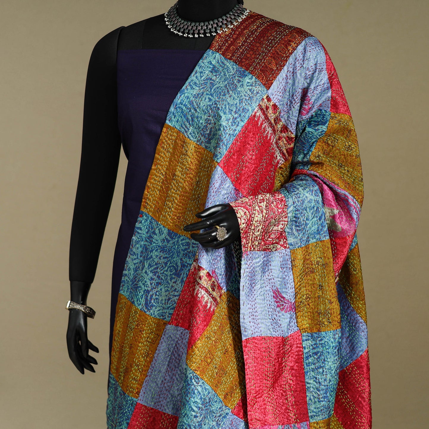 Multicolor - patchwork reversible silk bengal kantha work