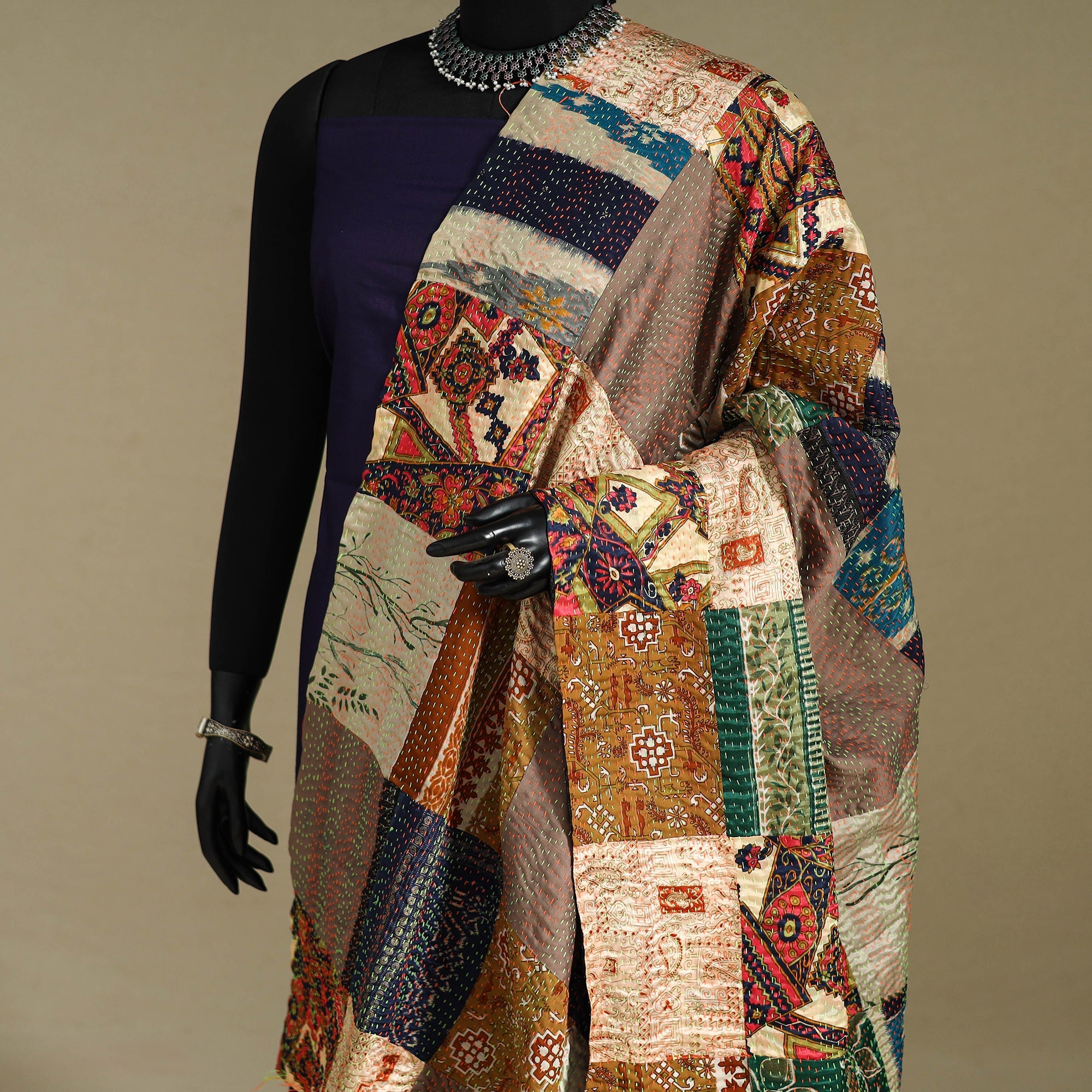 Multicolor - patchwork reversible silk bengal kantha work