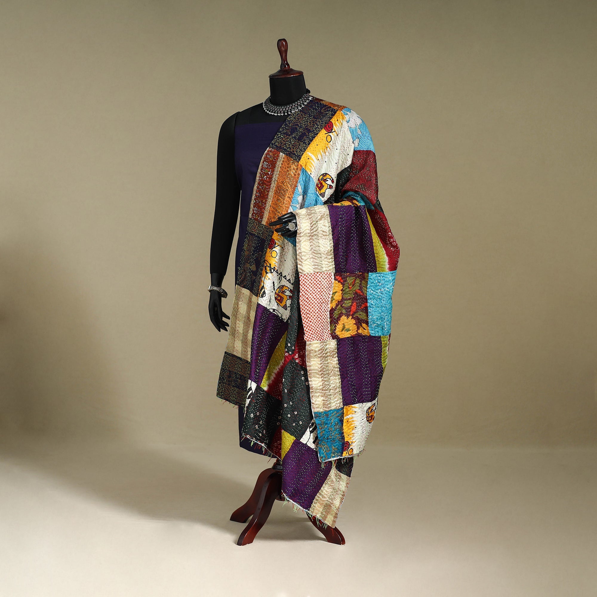 Multicolor - patchwork reversible silk bengal kantha work