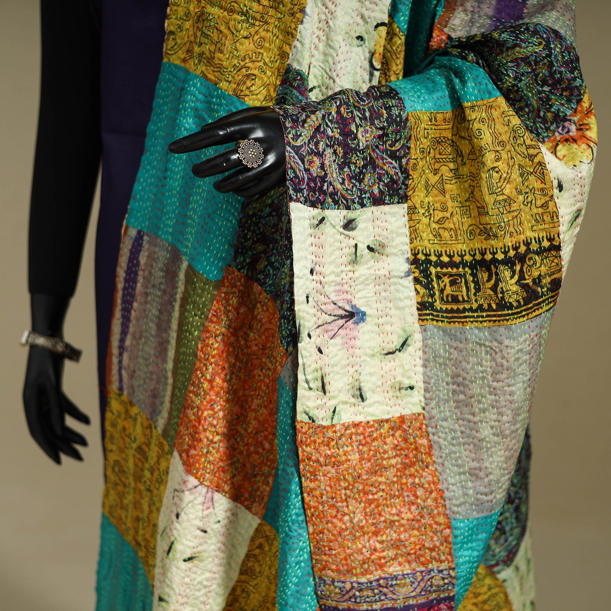 Multicolor - patchwork reversible silk bengal kantha work
