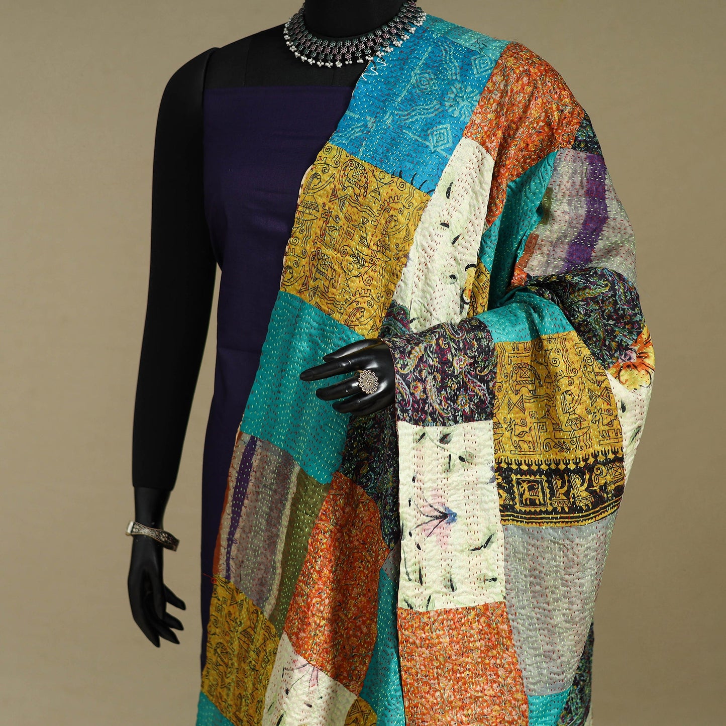 Multicolor - patchwork reversible silk bengal kantha work