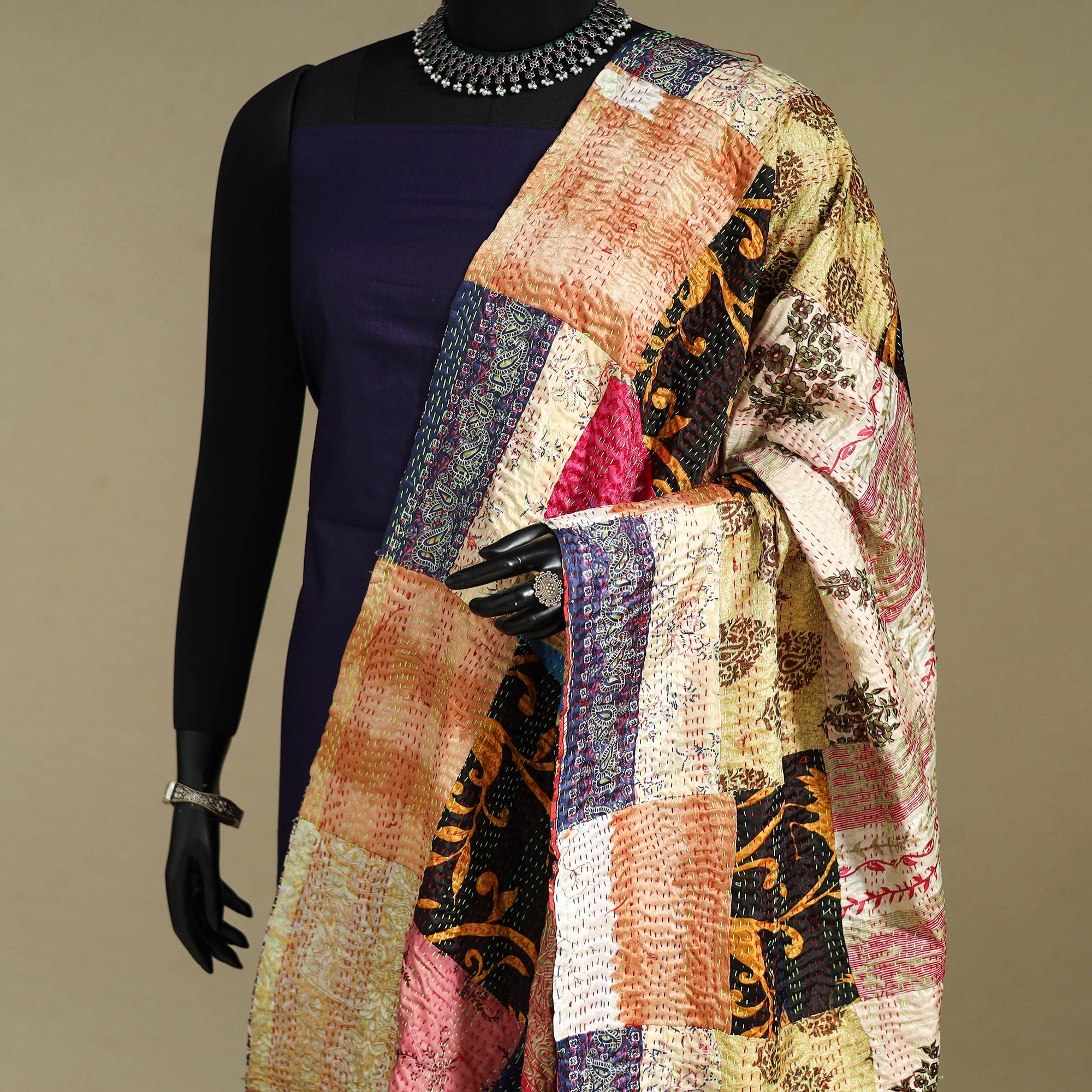 Multicolor - patchwork reversible silk bengal kantha work