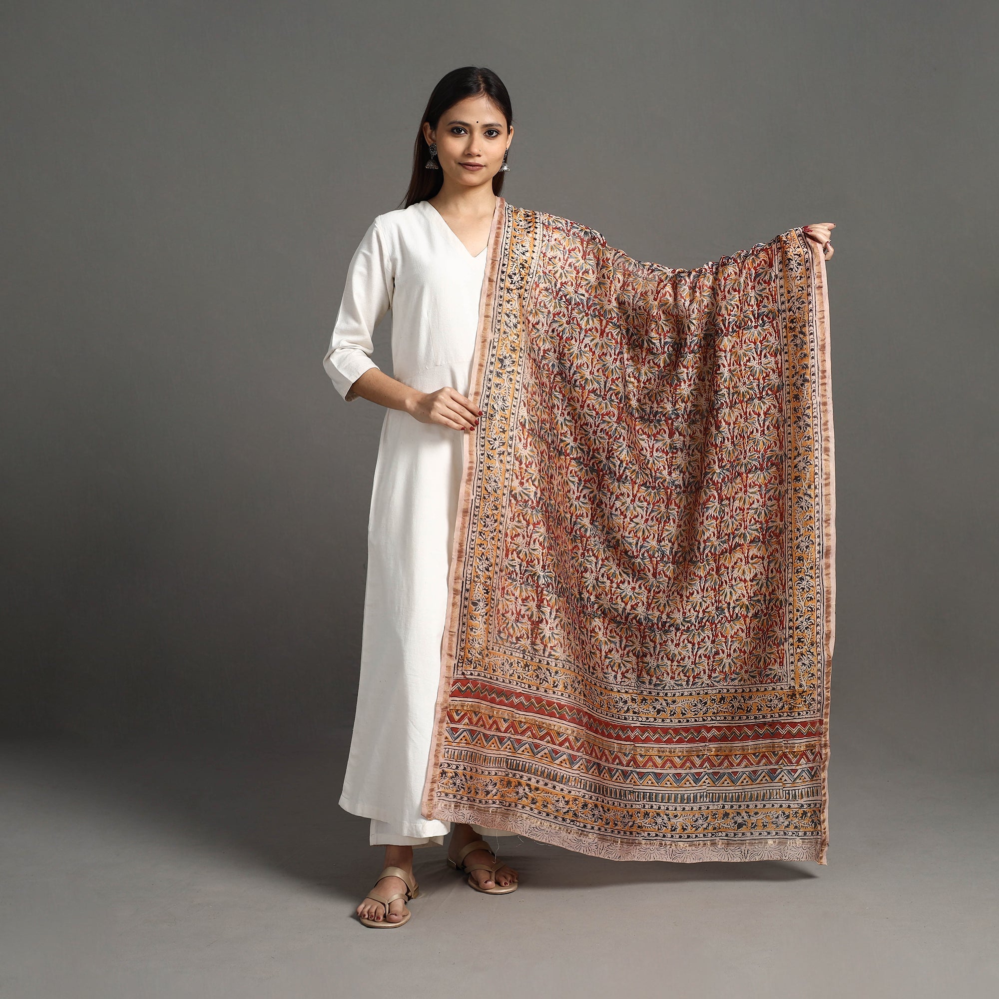 Multicolor Pedana Block Print Chanderi Silk Kalamkari Dupatta