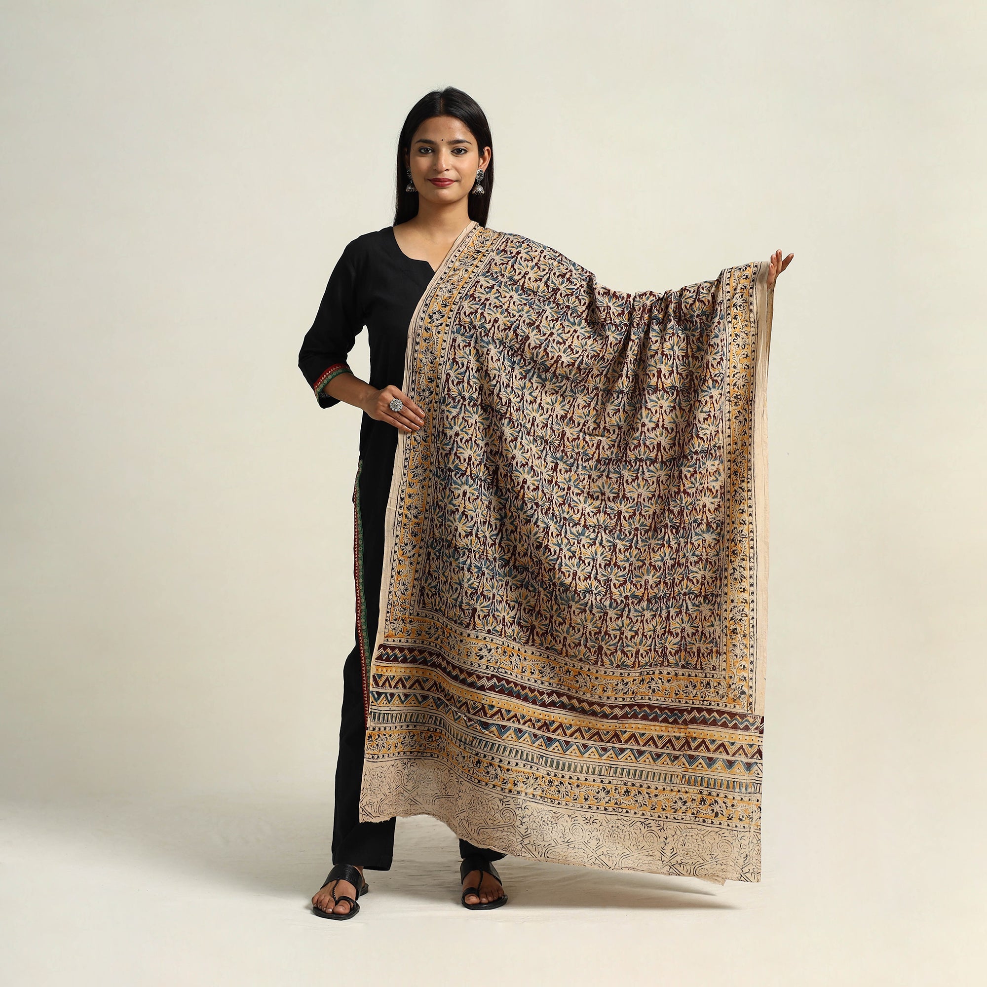 Multicolor Pedana Block Print Cotton Kalamkari Dupatta