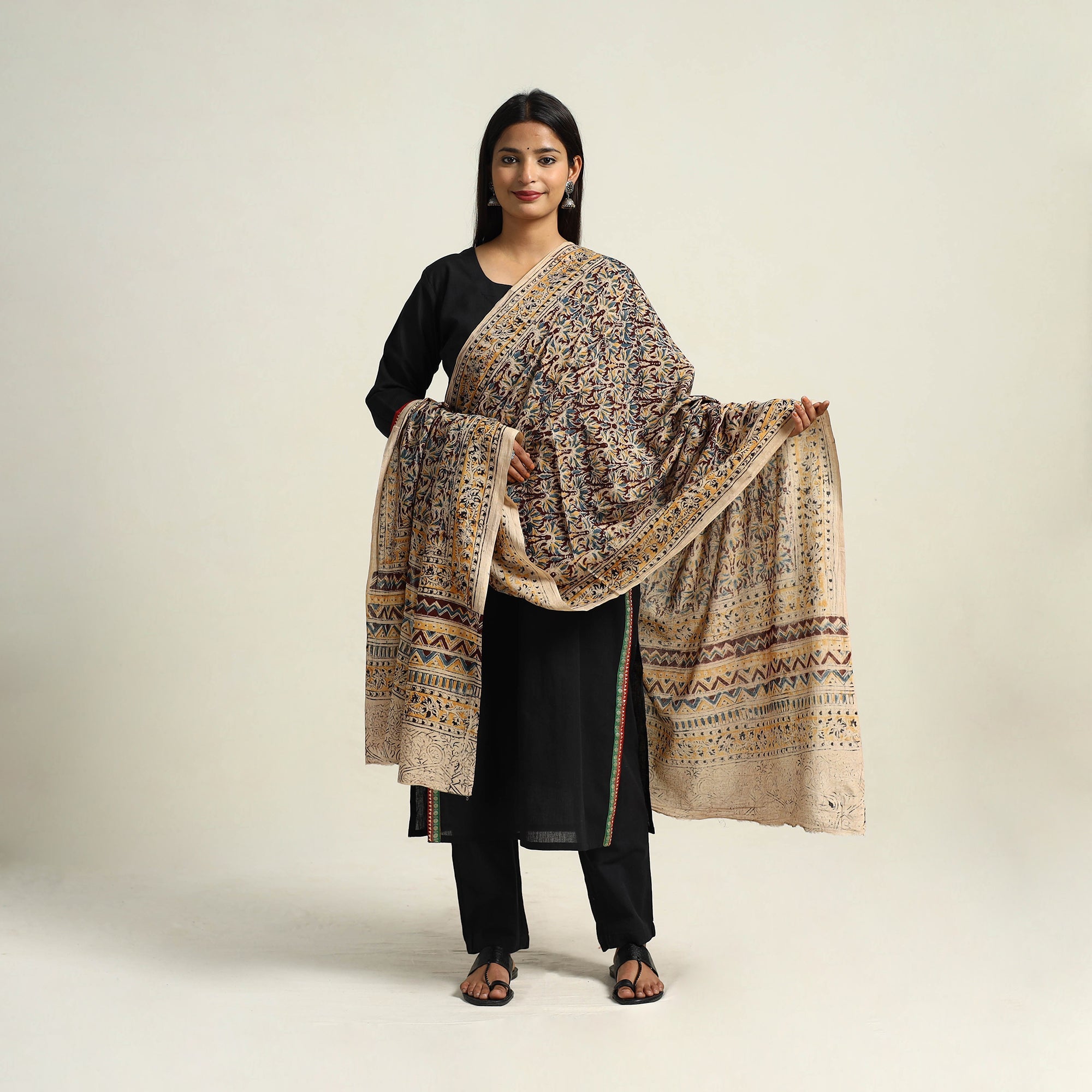 Multicolor Pedana Block Print Cotton Kalamkari Dupatta