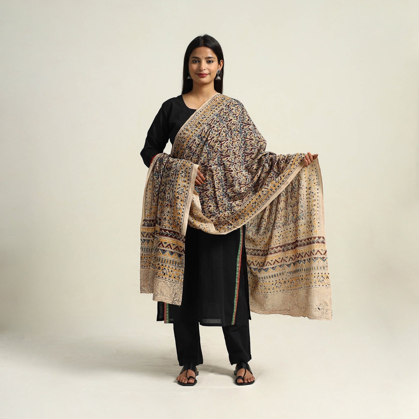 Multicolor Pedana Block Print Cotton Kalamkari Dupatta