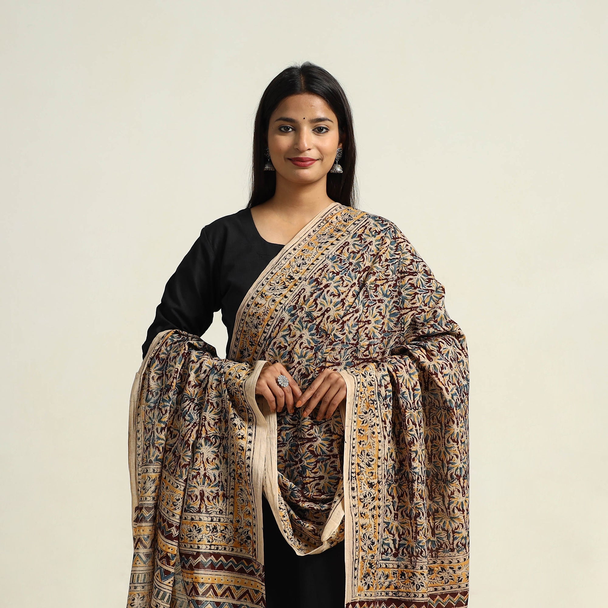 Multicolor Pedana Block Print Cotton Kalamkari Dupatta