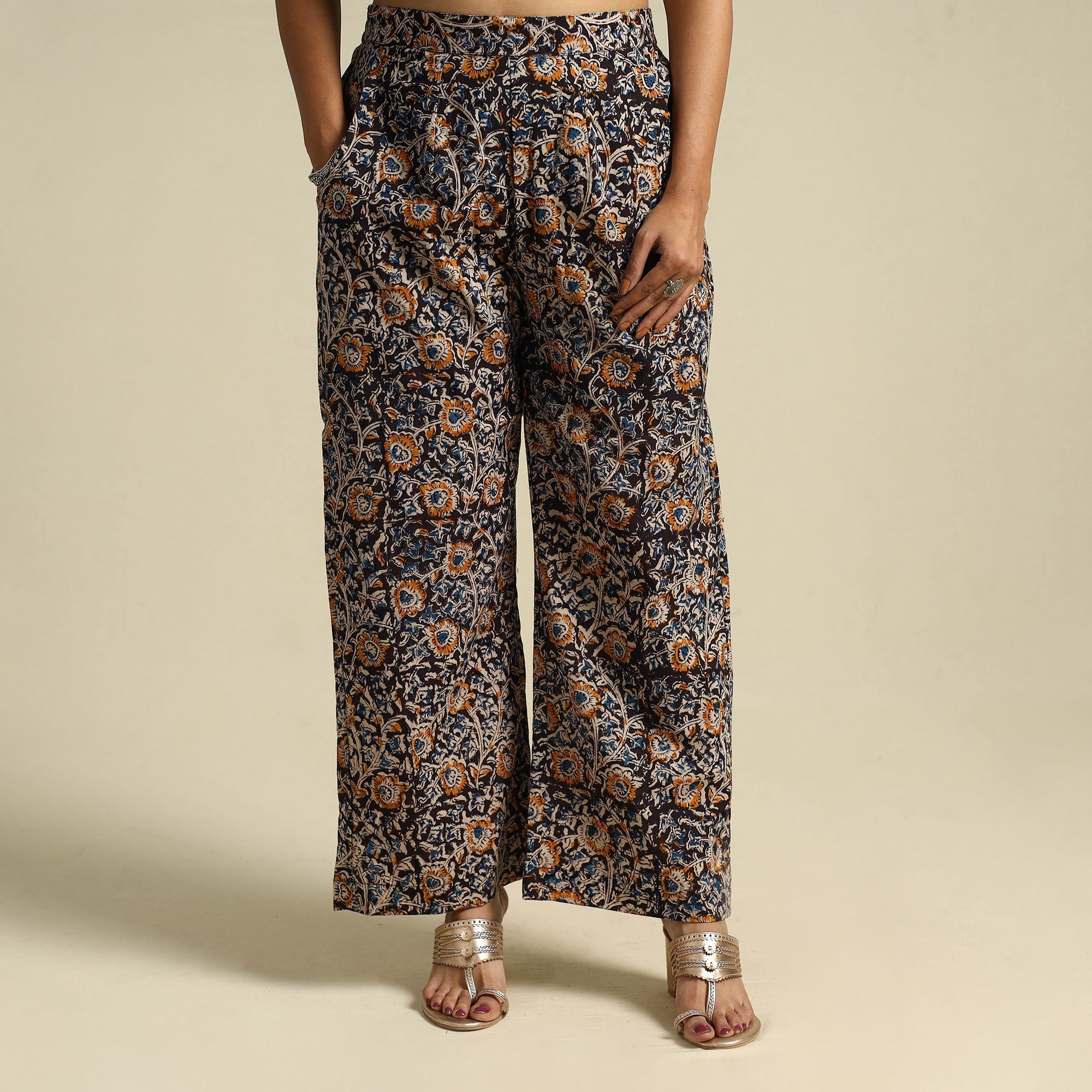  Multicolor Pedana Block Print Cotton Kalamkari Palazzo