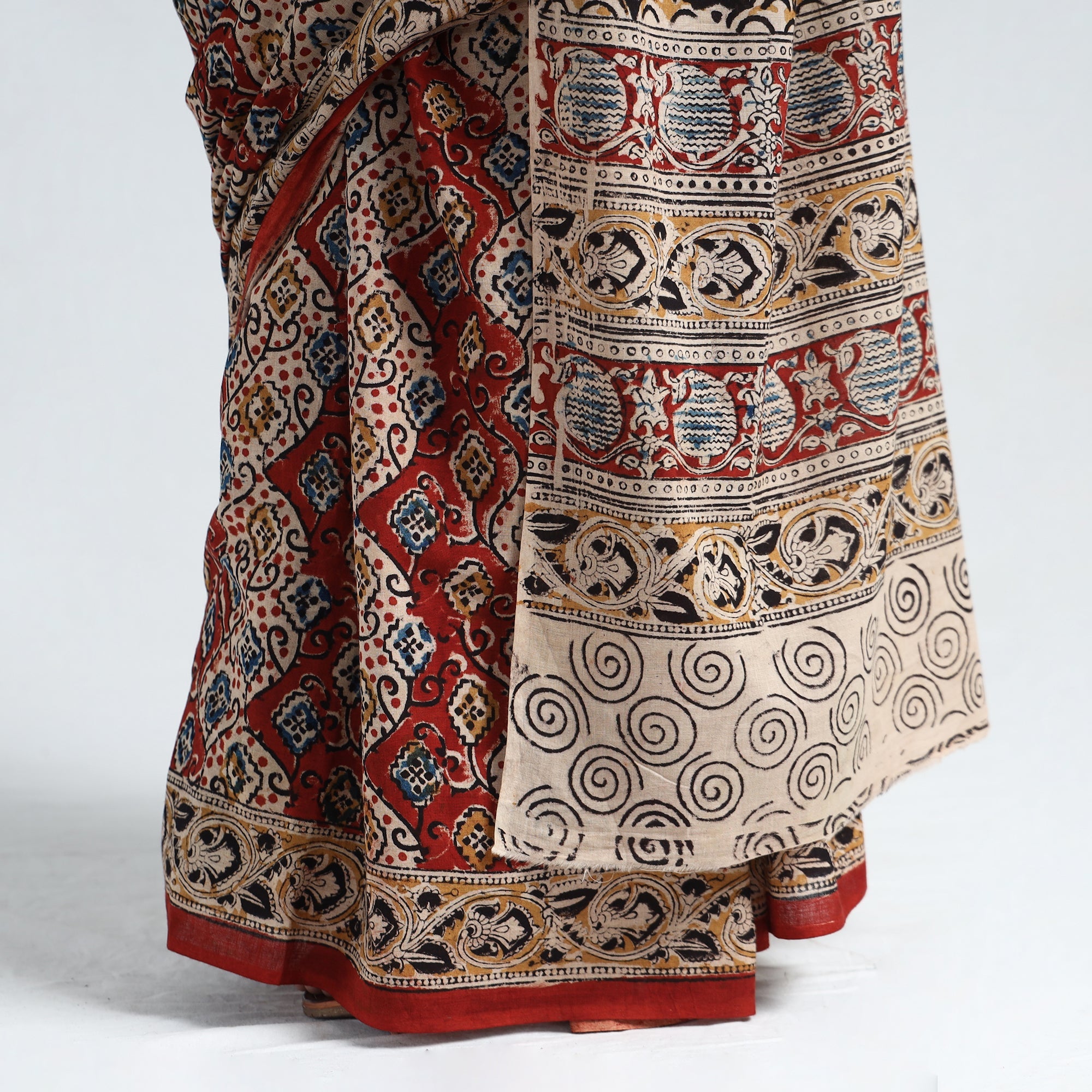 Multicolor Pedana Block Print Cotton Kalamkari Saree
