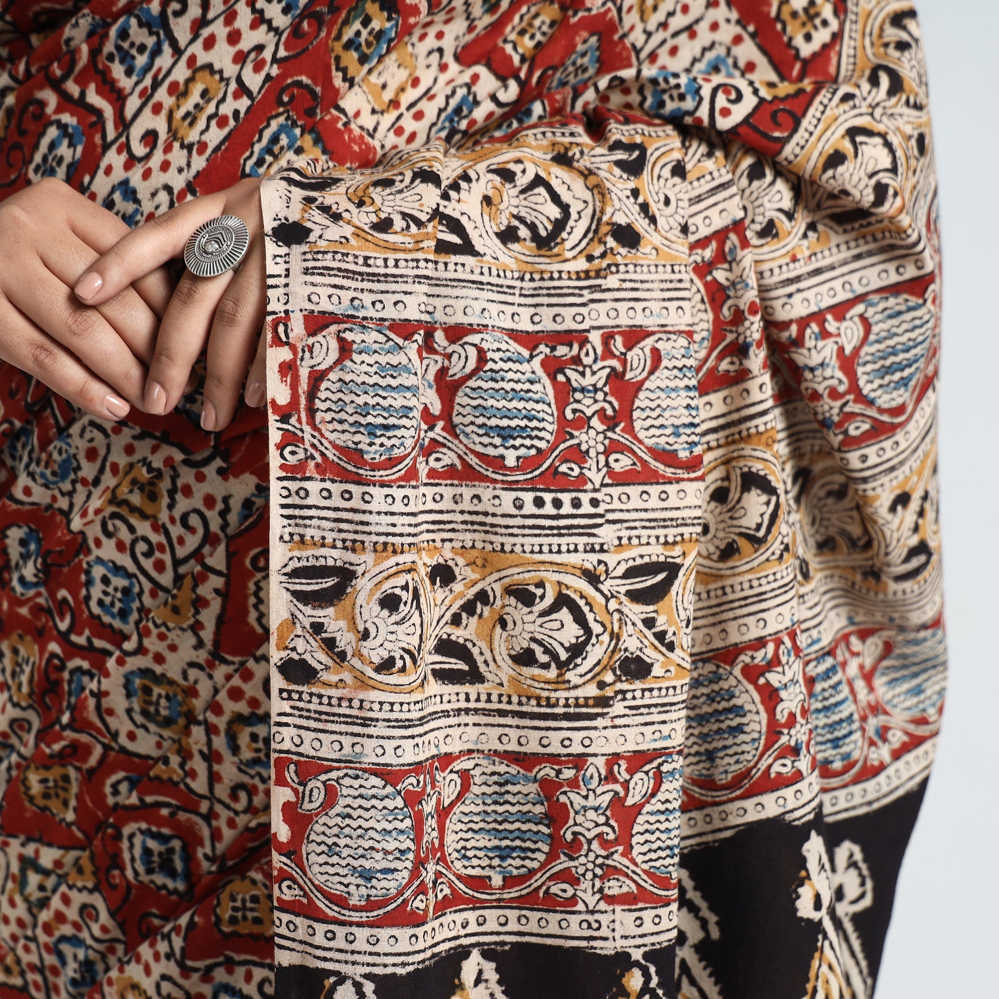 Multicolor Pedana Block Print Cotton Kalamkari Saree