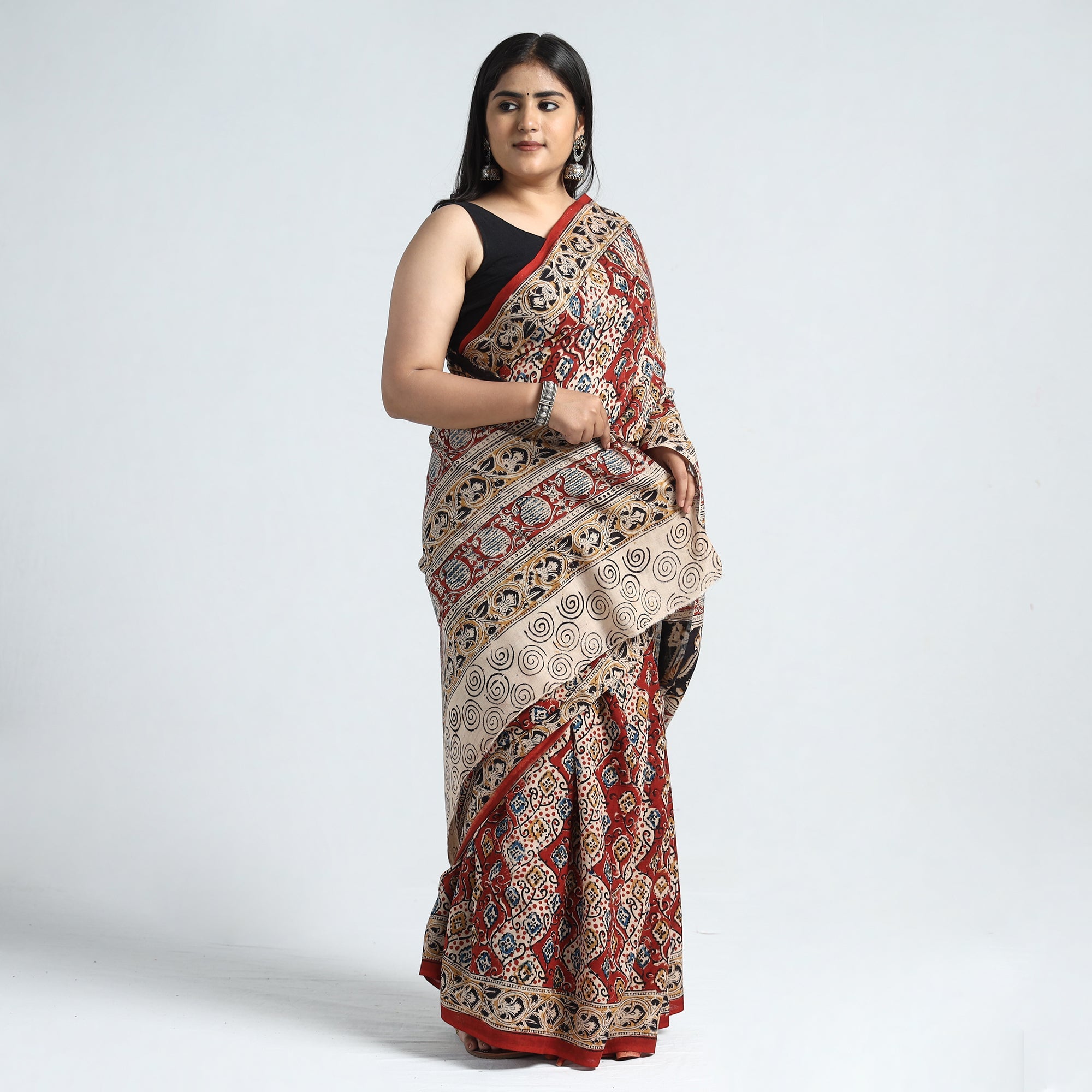 Multicolor Pedana Block Print Cotton Kalamkari Saree