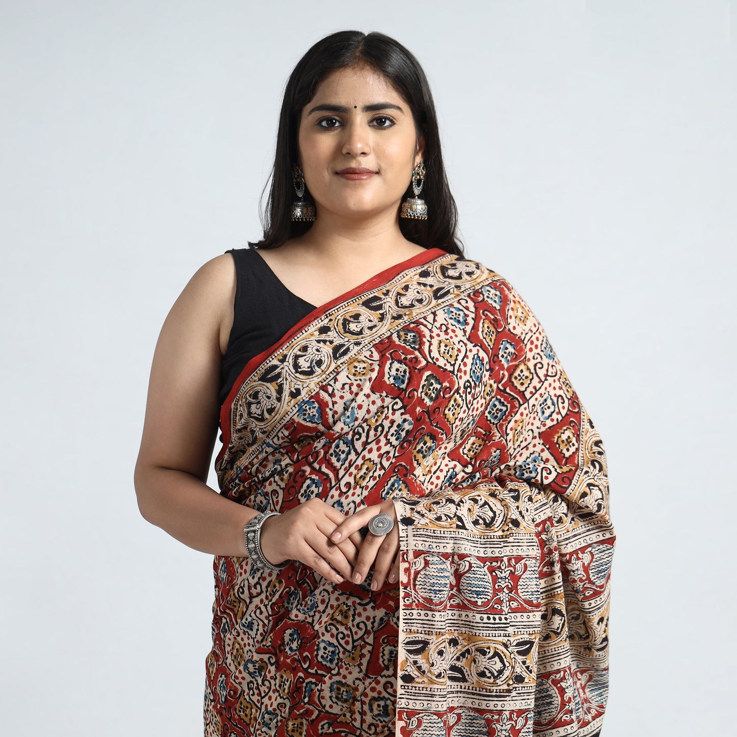 Multicolor Pedana Block Print Cotton Kalamkari Saree