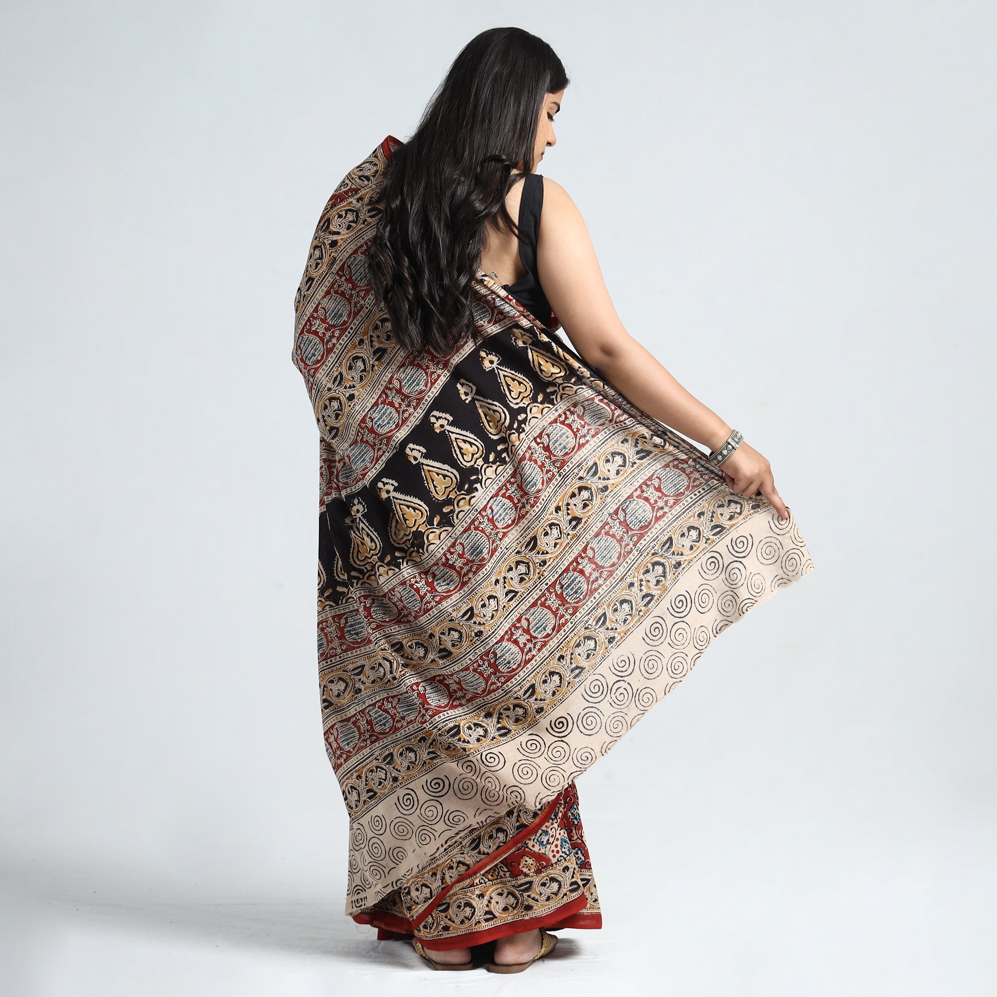 Multicolor Pedana Block Print Cotton Kalamkari Saree